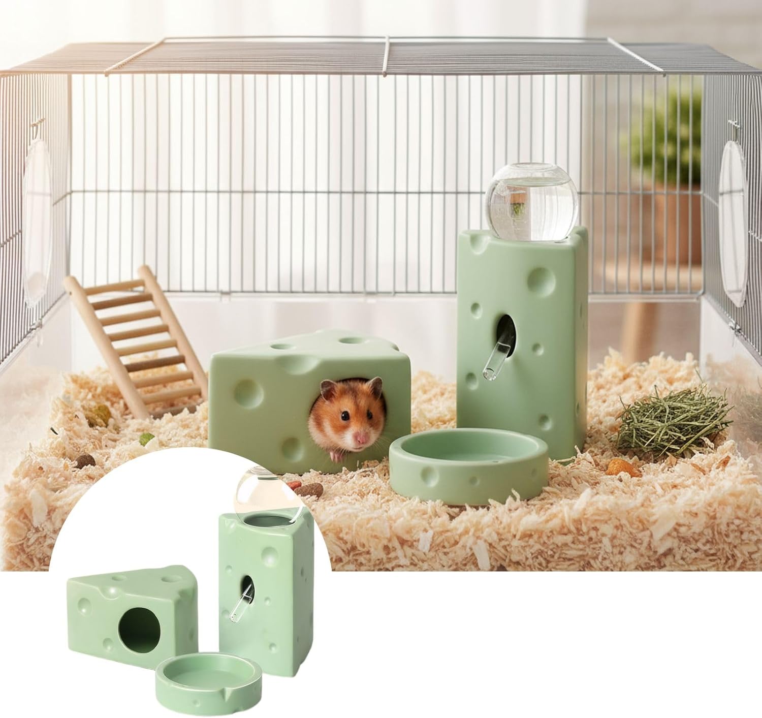 Hamster Ceramic House with Hideout Food Bowl and Water Bottle for Small Animals Indoor Cage Decoration