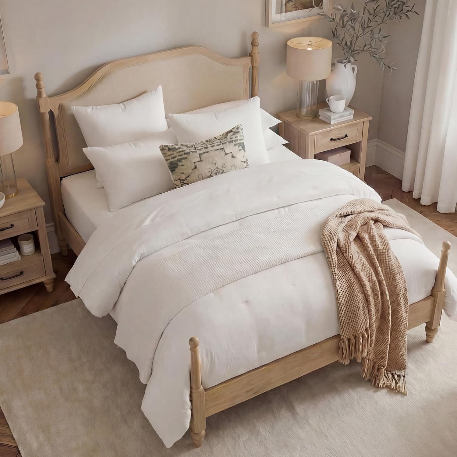 WAMPAT Queen Size Platform Bed Frame with Upholstered Headboard for Bedroom, Wood Bed Frames with Wooden Slat Support and Large Under Bed Storage, No Box Spring Needed, Easy Assembly, Oak