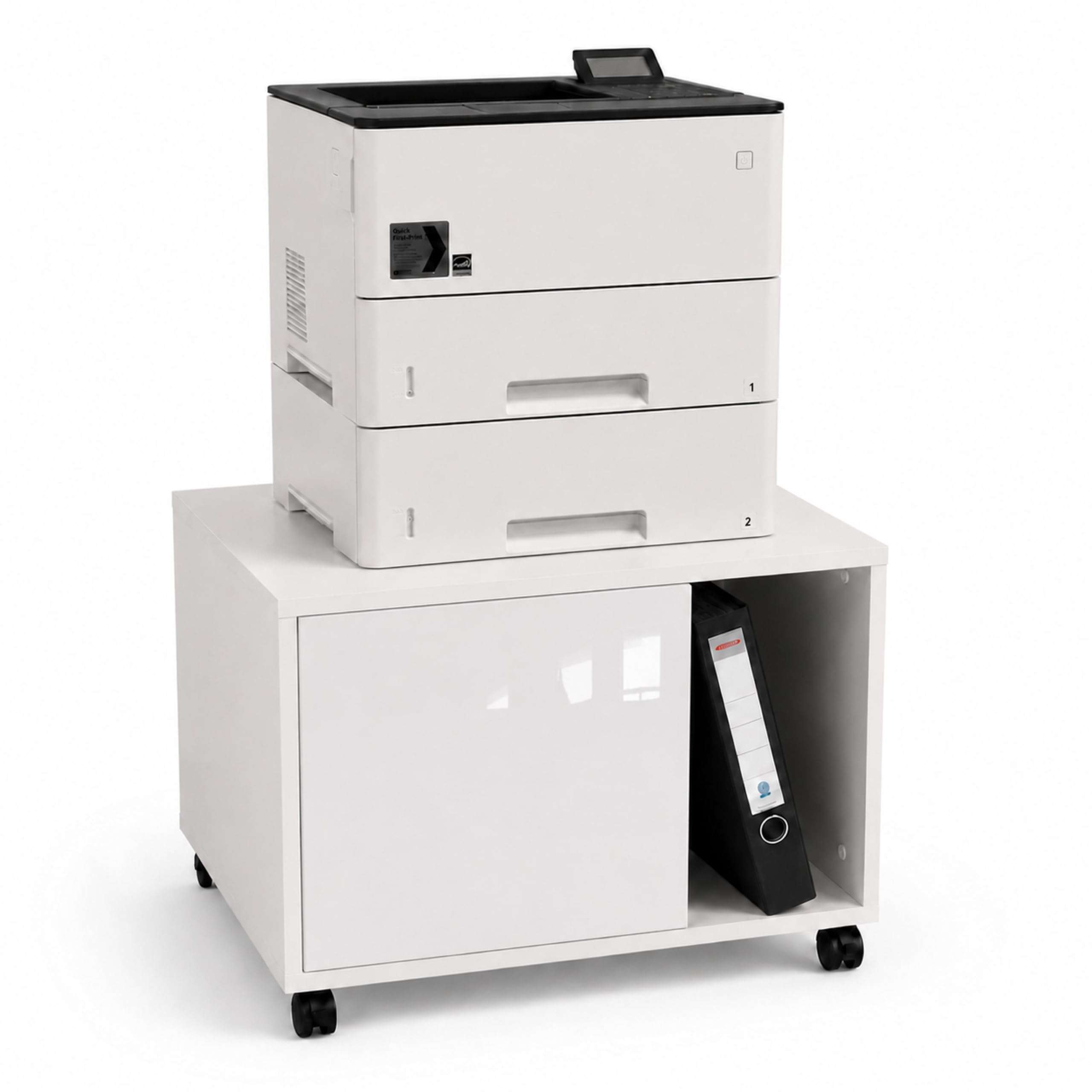 Druckerschrank Amira Weiß Hochglanz Front, Druckerkommode mit Rollen, 58x52x44 cm, Push-to-Open Tür, extra tief und geschlossen