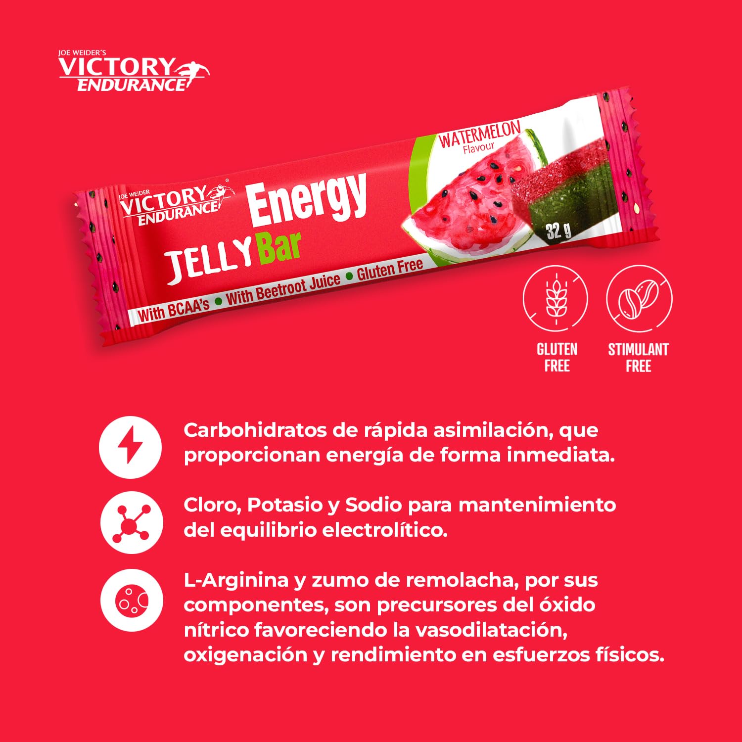 VICTORY ENDURANCE Energy Jelly Bar Sandía; 32g x 24 barritas Aportan vitaminas, minerales y zumo de remolacha; Sin Gluten