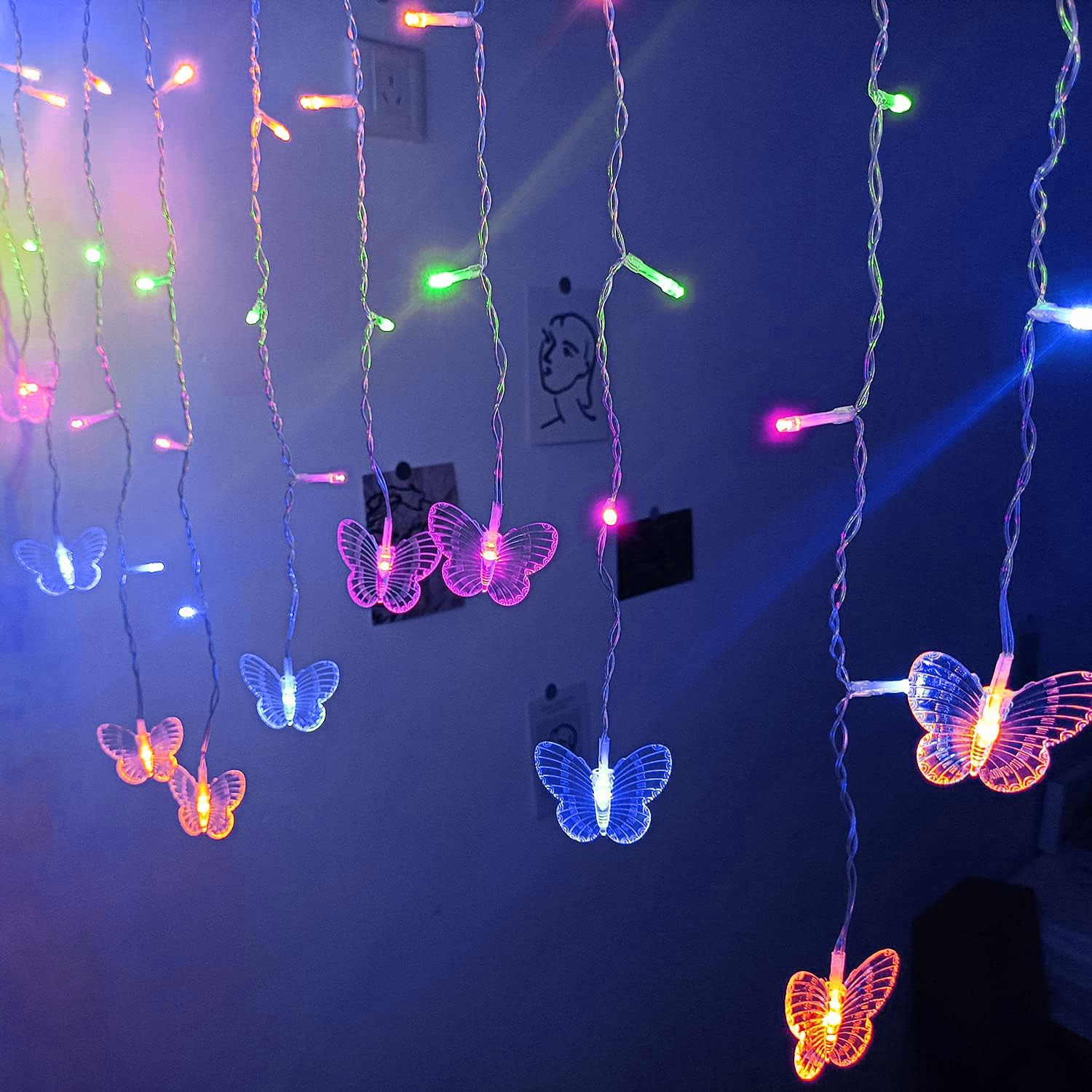 Butterfly Curtain Lights 120 LED 19.7FT USB Powered 8 Modes Remote Window Curtain Lights with 24 Butterflies Waterproof Twinkle Lights for Bedroom Christmas Holiday Party Decoration (Multi-Pinky)