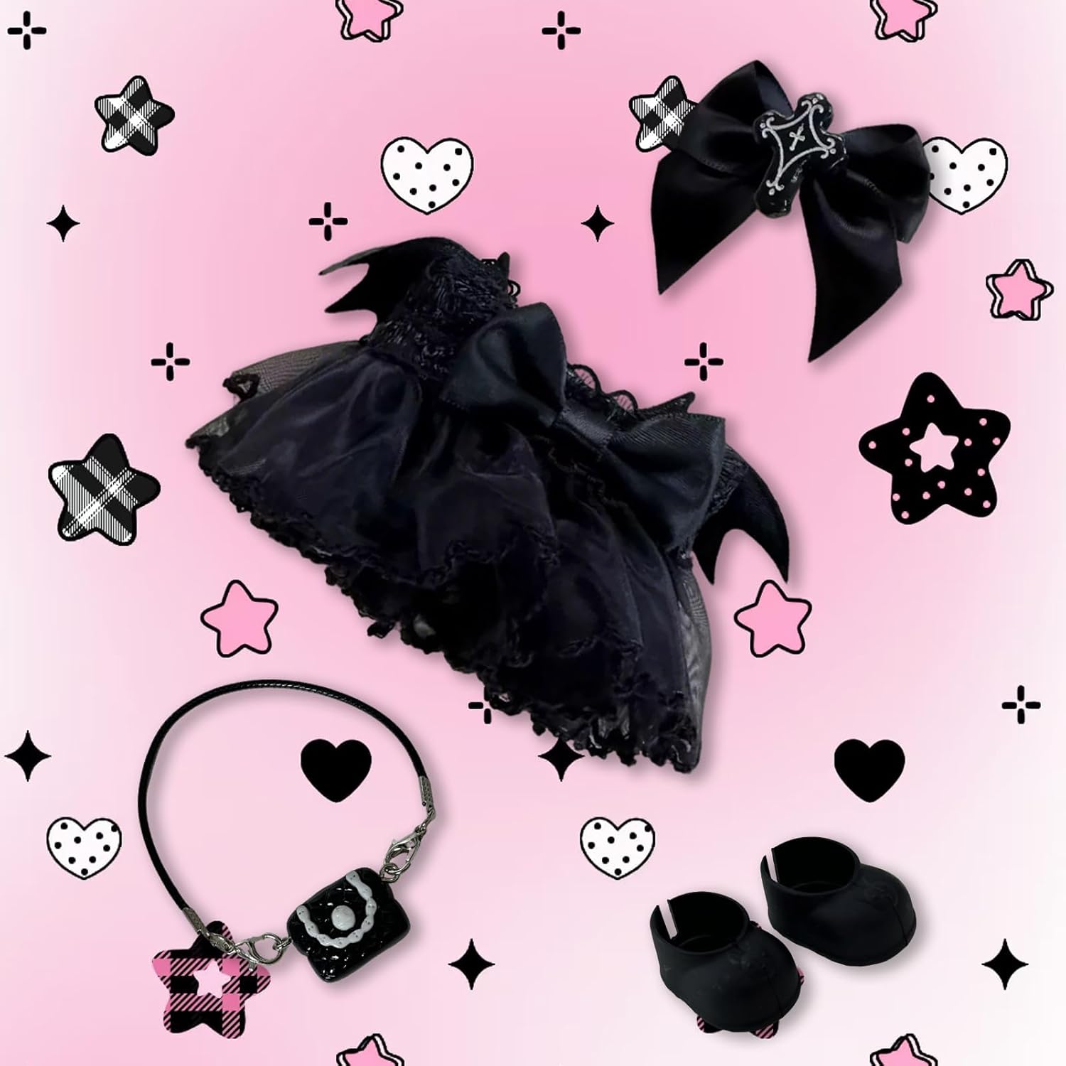17 cm Doll Clothes Set, 4 Pcs Halloween Clothes and Accessories Include Dress Hair Clip Bag and Shoes, Premium Stylish Doll Clothes Replacement for Adult Kid ( NO Doll ) Black