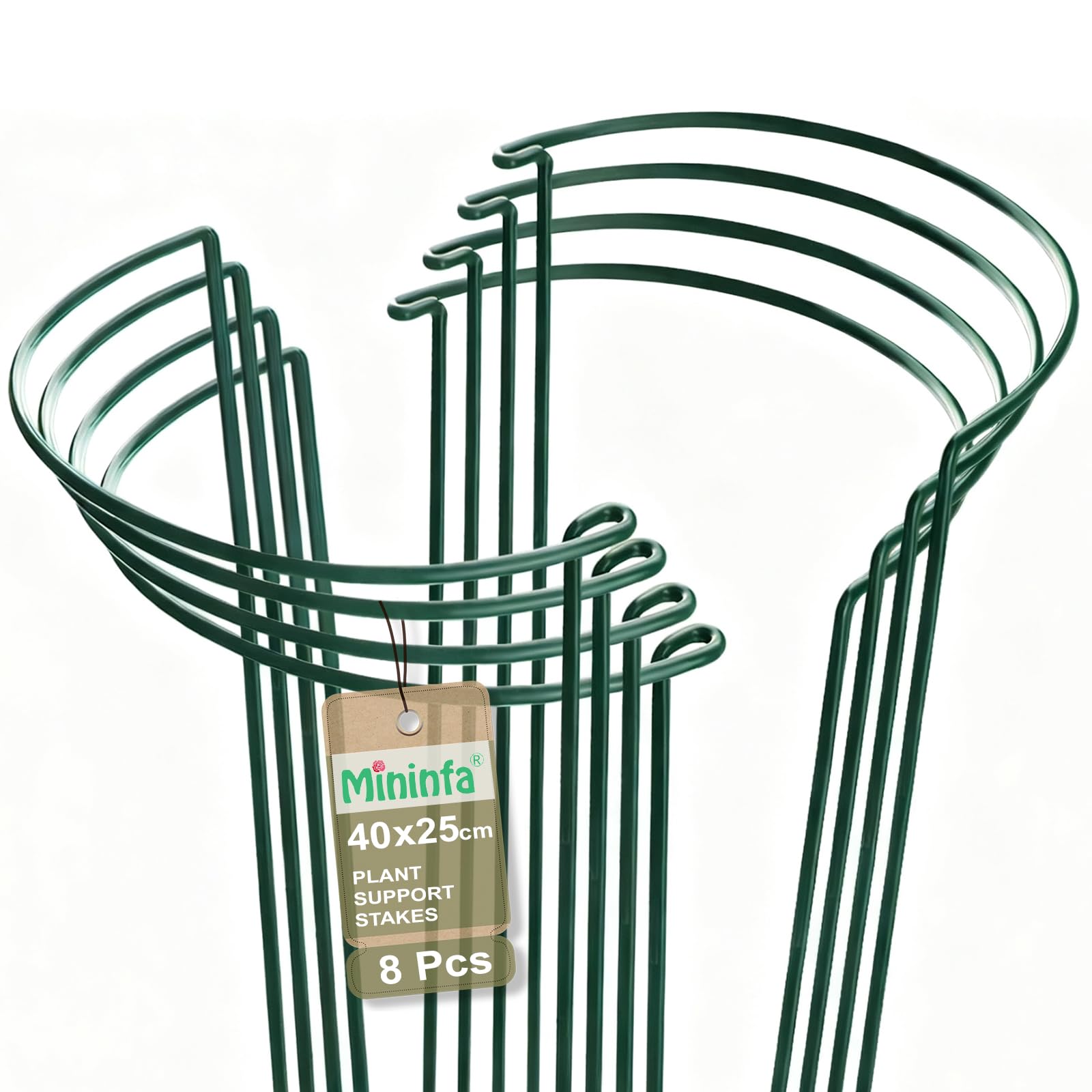 8 Pack 10''x 16'' Half Round Plant Support Stakes, Extra Thick Metal Garden Plant Ring Cage, Rust-Proof Coated Green Plant Stakes, for Outdoor Plants, Interlinking to Make Garden Border, Rows, Circles