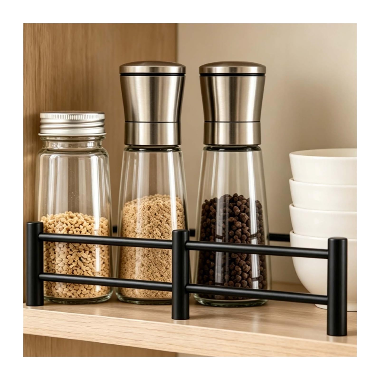 HHJFSP Stainless Steel Double Rail Countertop Guardrail, Anti-Fall Spice Rack with Screws, Prevent Glass Jars from Falling - Open Shelf Protection(Black,13.0″(33cm) L)