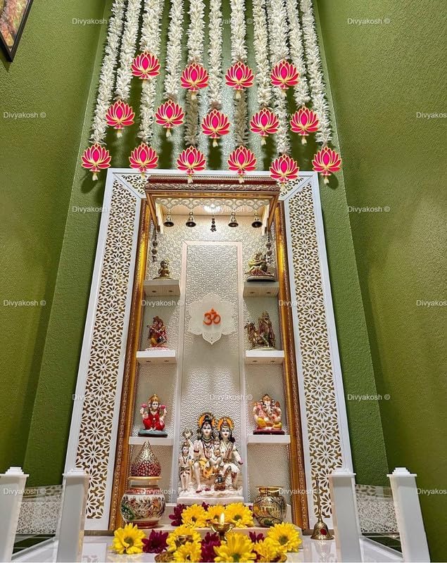 Divyakosh Wood Lotus Hanging 7 Pcs With White Artificial Flowers, 3 Ft Each, Handmade Wall Decoration Lotushanging | Floral Wall Hangings For Temple Décor,Home Decor,Diwali & All Festival Décor 2