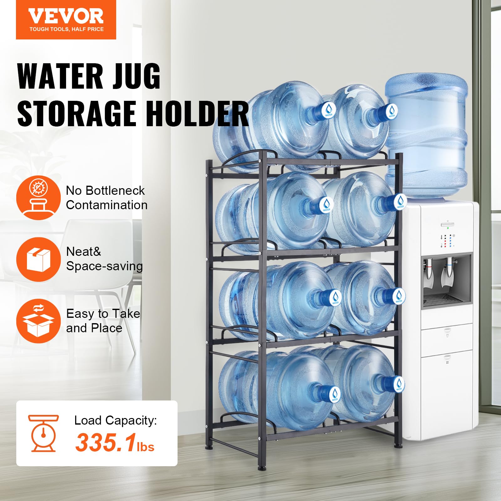 VEVOR Wasserkrughalter mit 4 Ebenen, 5 Gal Wasserflaschenhalter, zweireihiges Wasserflaschenregal aus Eisen für 8 Flaschen, robustes Wasserkrugregal Wasserkrughalter für Küche Büro Wohnzimmer schwarz