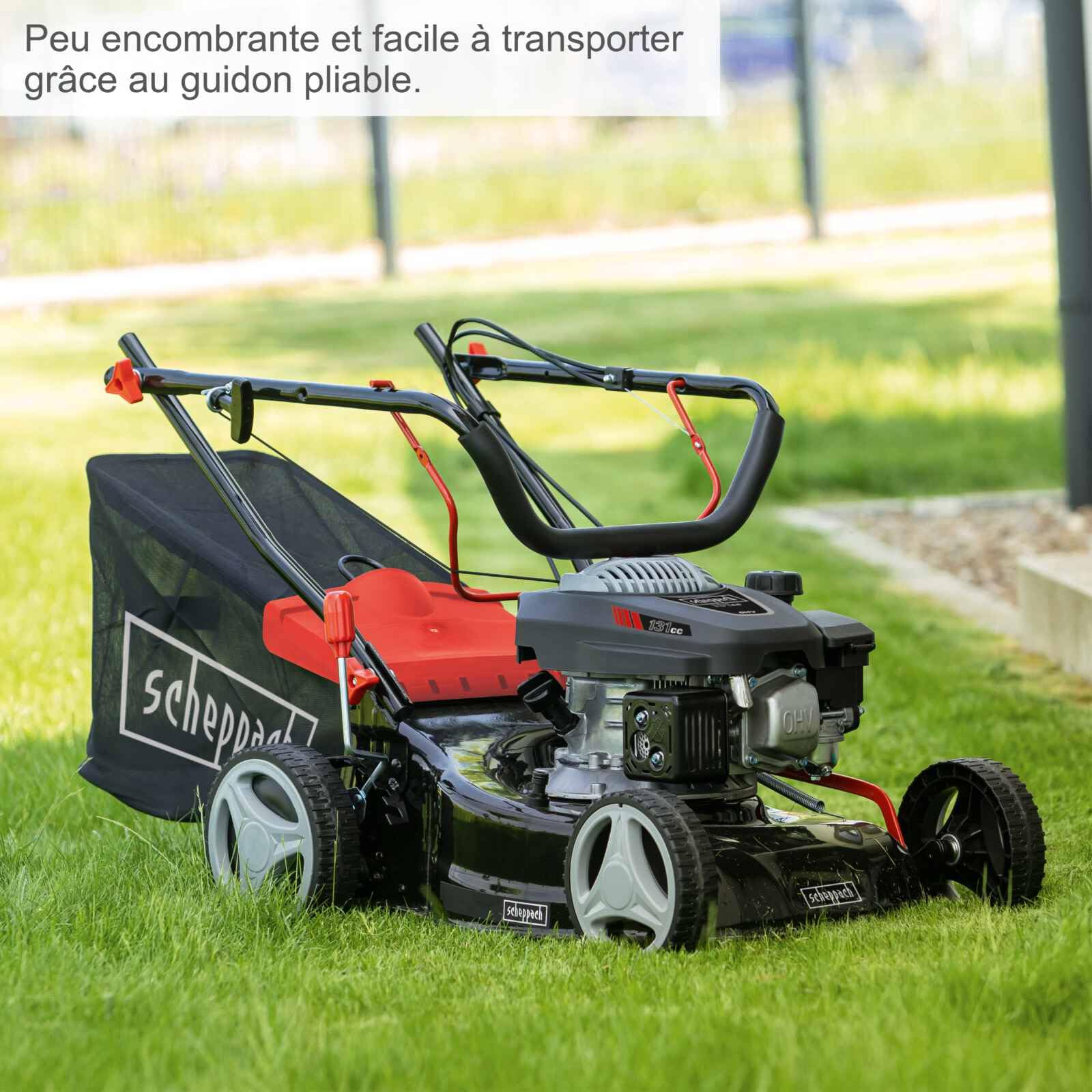 Scheppach Tondeuse à Gazon RM420 | 3en1-3,4CV | Largeur de Coupe 420mm | Bac de ramassage 45L | Réglage de la Hauteur de Coupe 25-75 mm | Huile Moteur & Lames de Rechange incluses