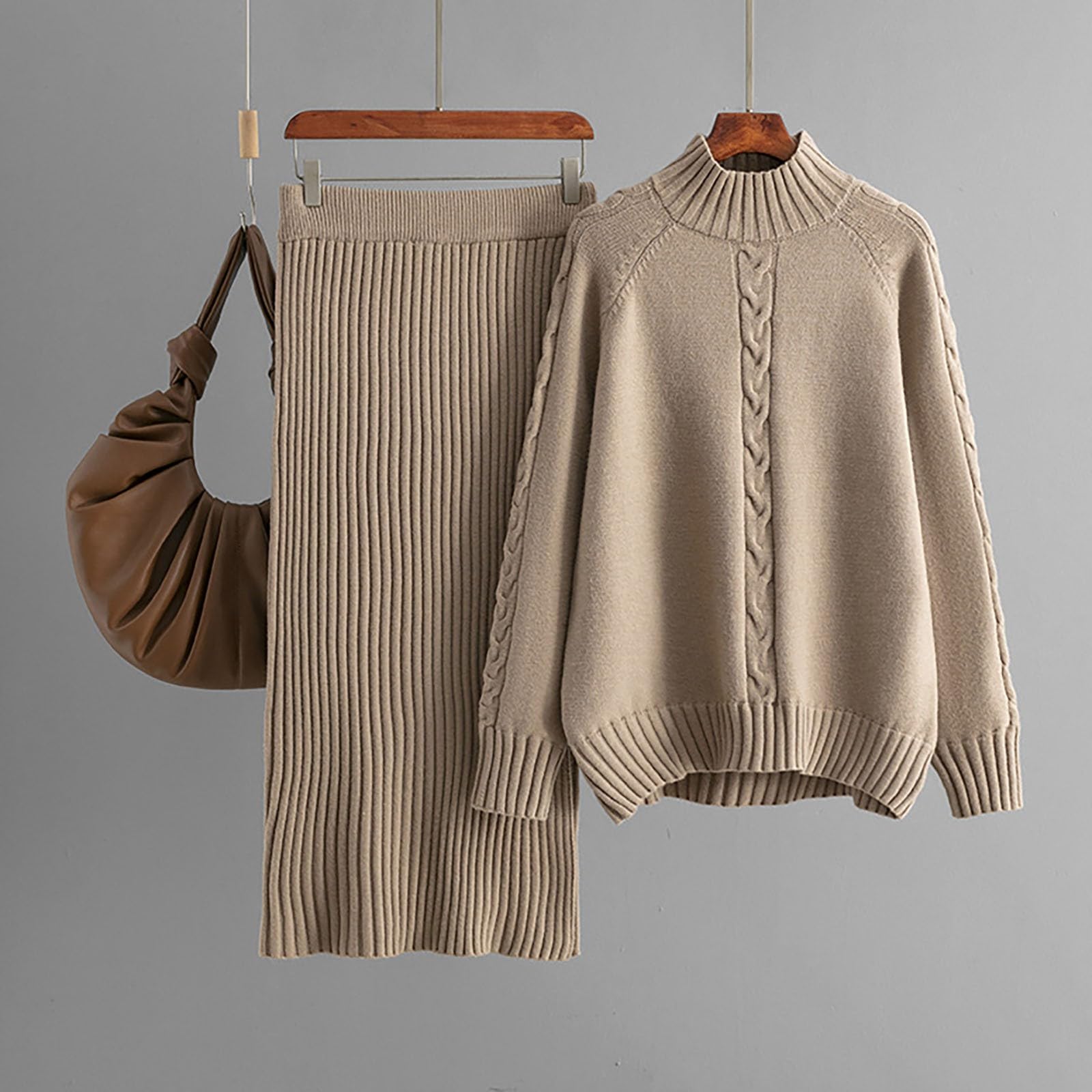 Generisch Maglione da donna in due pezzi, collo lavorato a maglia, per autunno e inverno, vestibilità larga, alla moda