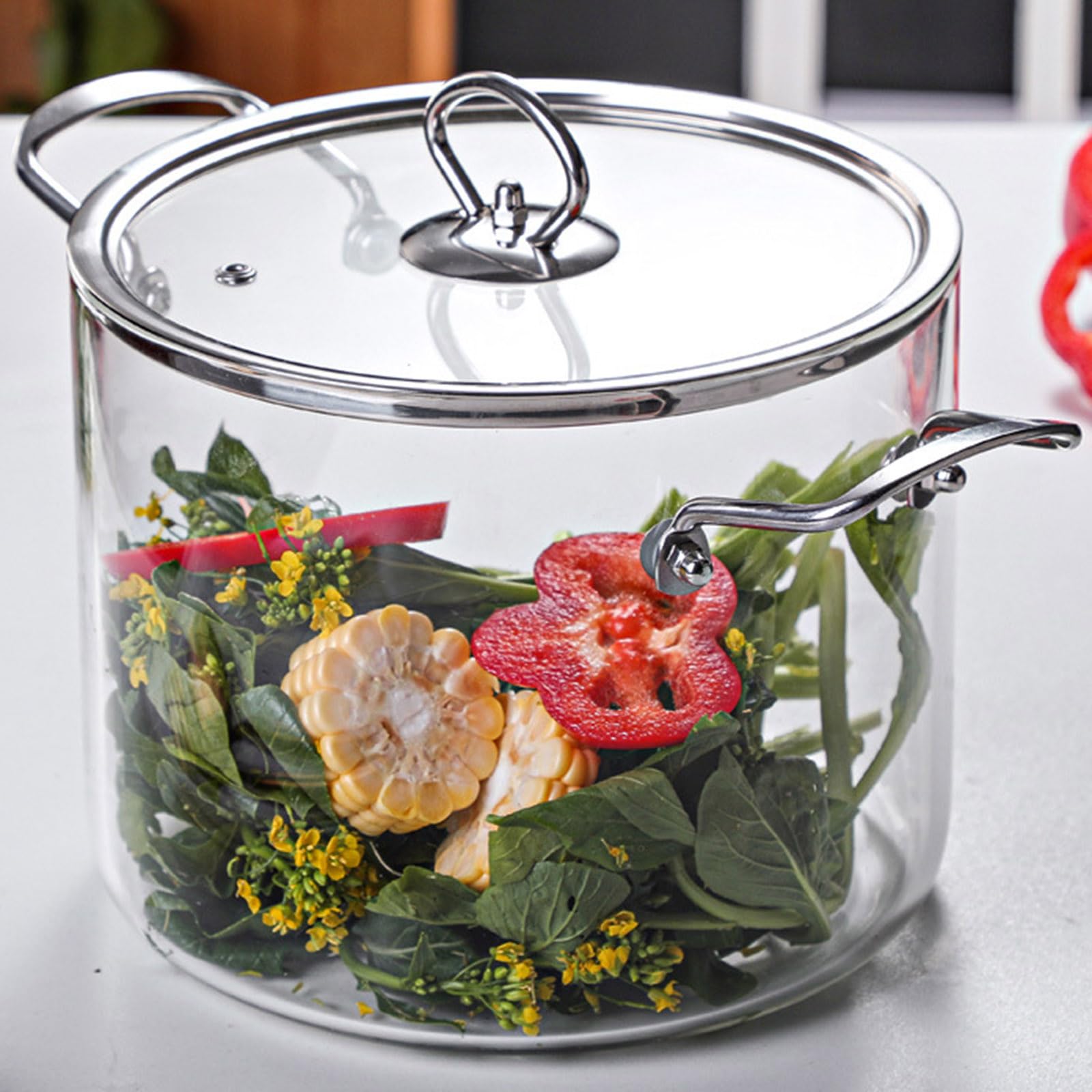 glass saucepan with cover stovetop cooking pot with cover and stainless steel handle dual handles pot for home kitchen restaurant glass cookware stove and dishwasher safe,5.5l