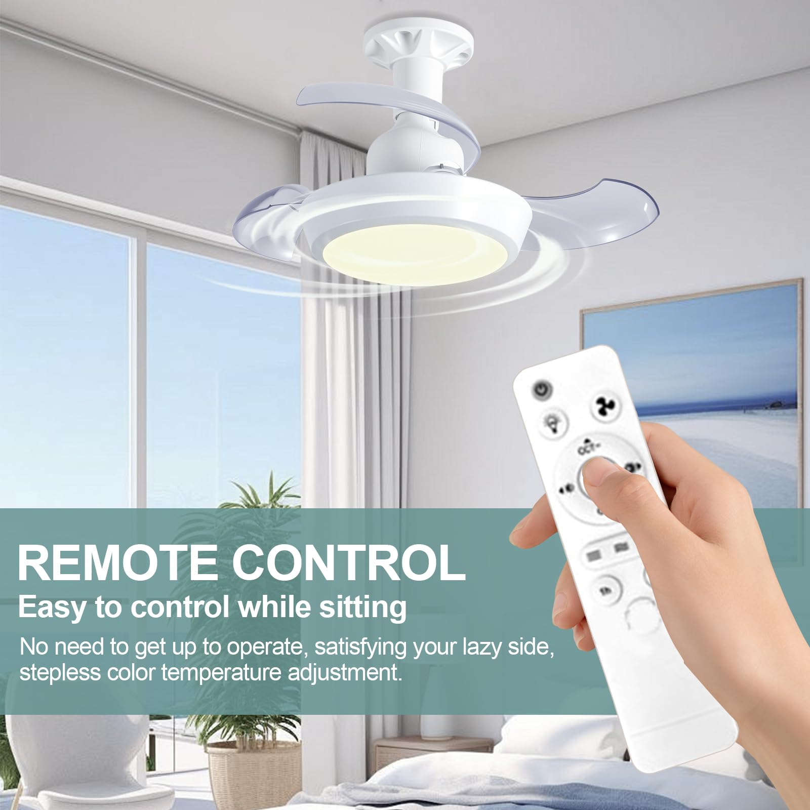 IERAKOR Ventilador de Techo con Luz E27, 42CM Lámpara LED, Silencioso | Sin Instalación, LED 33W Regulable, 3 Velocidades, Aspas Ocultas Seguras, Ideal para Refrescar Dormitorios o Cocinas Pequeñas