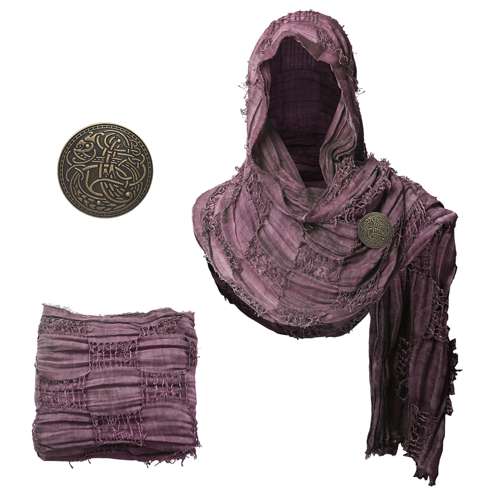 LLTTEER Medieval Scarf Cowl with Brooch, Vintage Viking Cowl Hooded Shawl, Renaissance Hood Cloak for Halloween Cosplay,Red