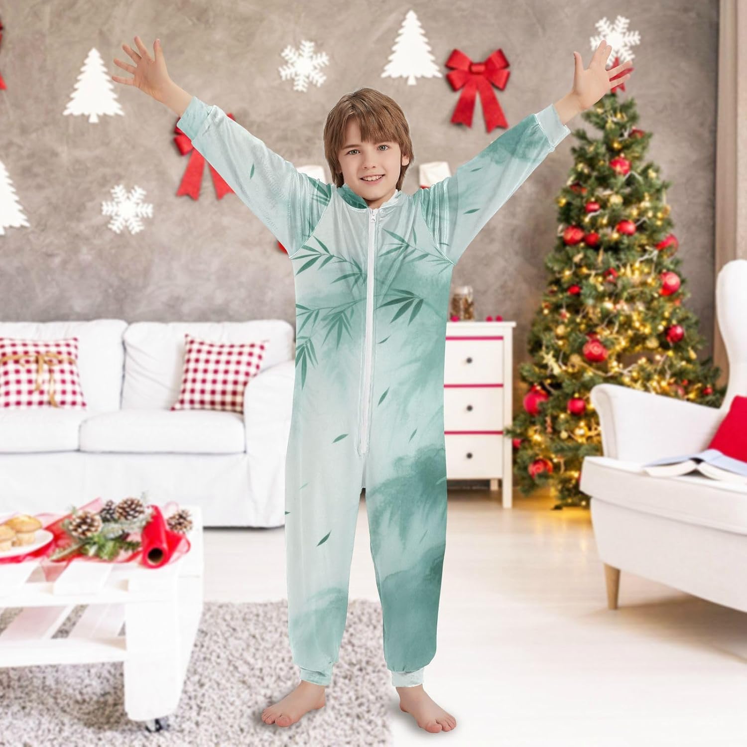 Green BambooOnesie PajamasSoft Cozy Hooded One-Piecing Costume Sleepwearfor Christmas Home