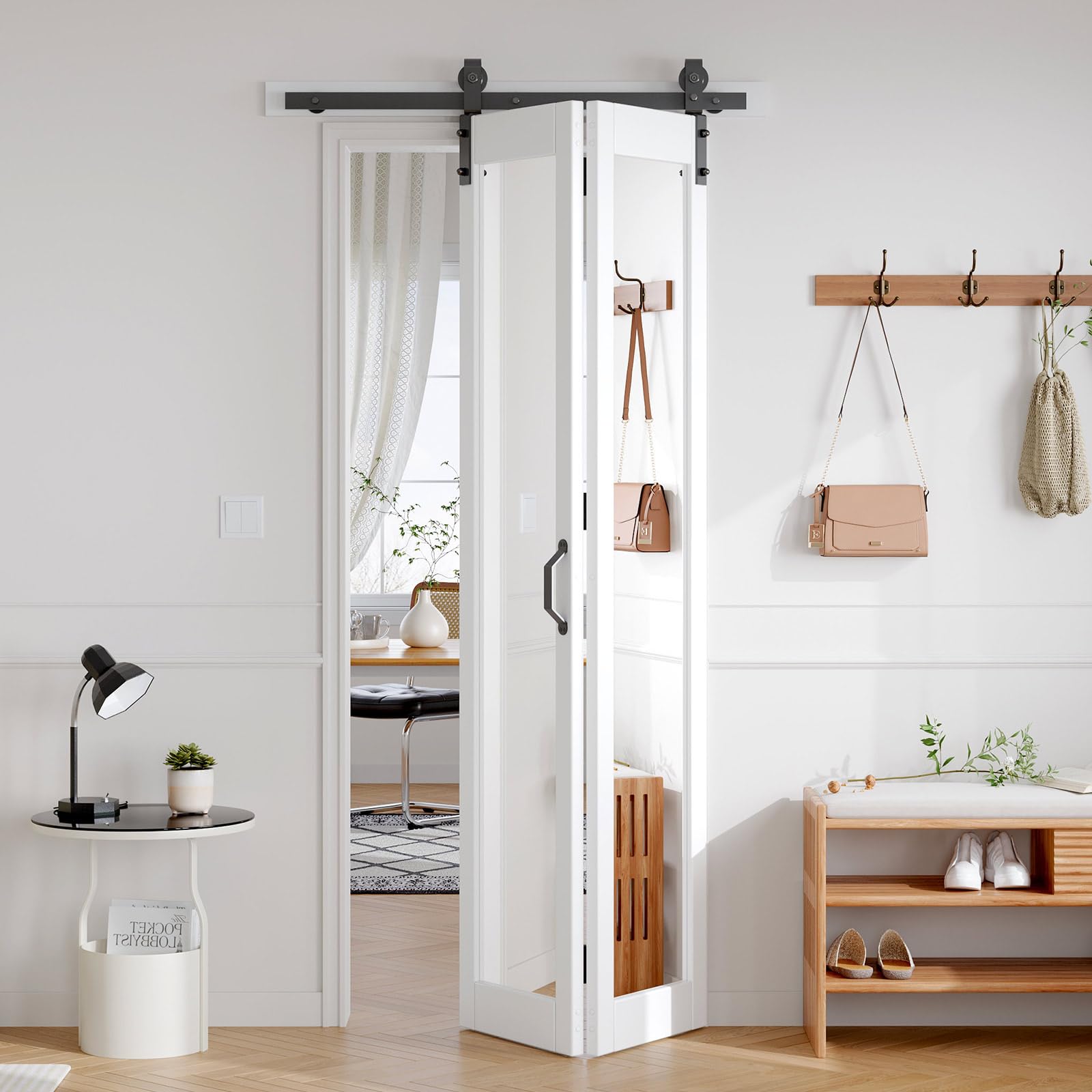 Photo 1 of FREDBECK Bifold Barn Doors Double 16x84 with Mirror for Closet,White,Hardware Included