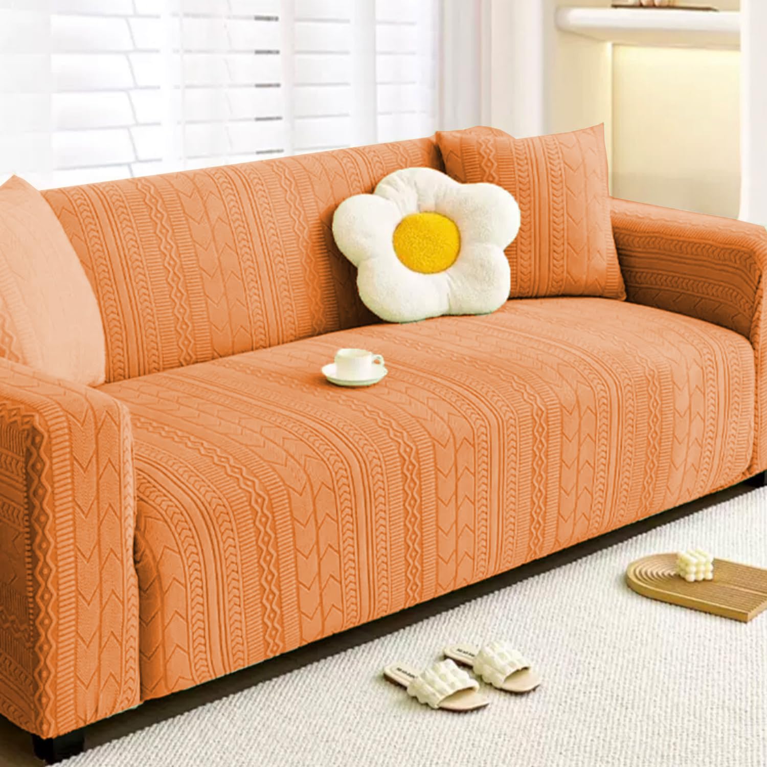 Lukzer Universal 2 Seater Polyester Sofa Cover with 1 Cushion Cover Soft Touching Flexible Stretch Slipcover (Pastel Orange Zigzag Pattern/SC-079-02/140-180cms) (220 GSM) (B0DF33QFDL) Amazon Price History, Amazon Price Tracker