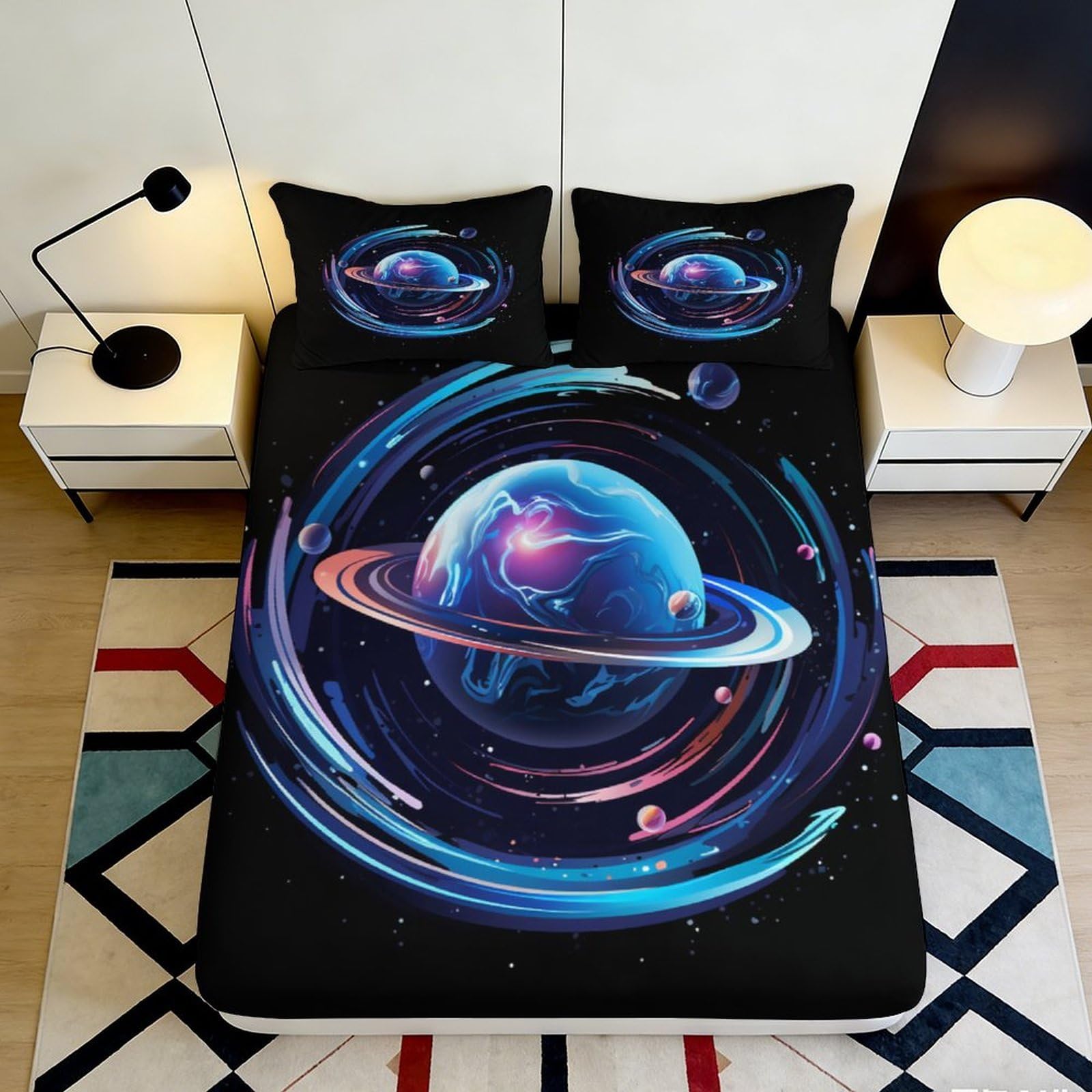 3D Printed Planet Galaxy Fitted Sheet Microfiber Soft Breathable Cosmic Orbit Mattress Cover for Bedroom Dorm Decor 90x200x25cm