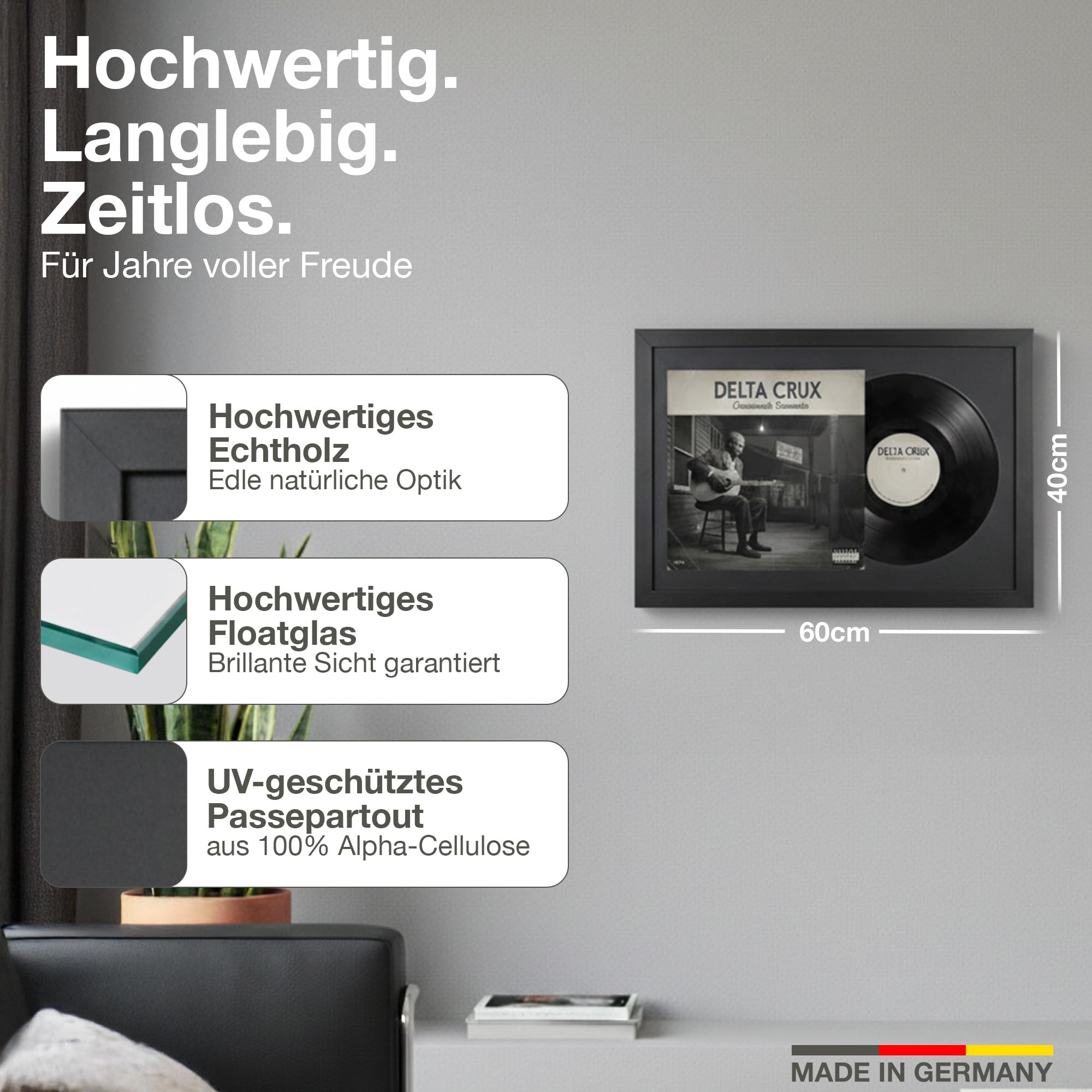 Cornice per vinile Nero 40x60cm Set 2pz Passepartout Nero - Made in Germany - Cornice per vinile da parete per disco e cover - Vinyl Display Frames - Cornici quadri da parete lucida