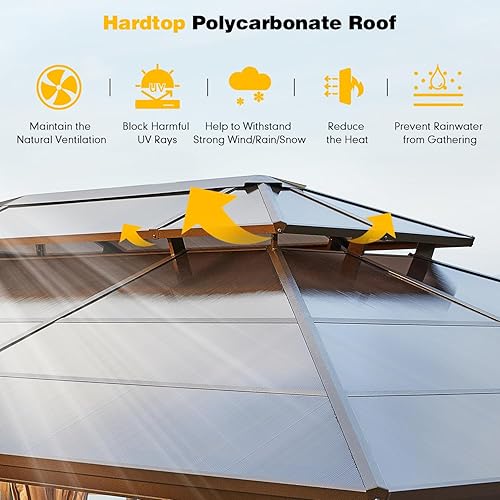 Miniatura 10 de MELLCOM Cenador de techo rígido de 12 x 12 pies, cenador de aluminio de doble techo de metal con cortina y red, pabellón de acero galvanizado