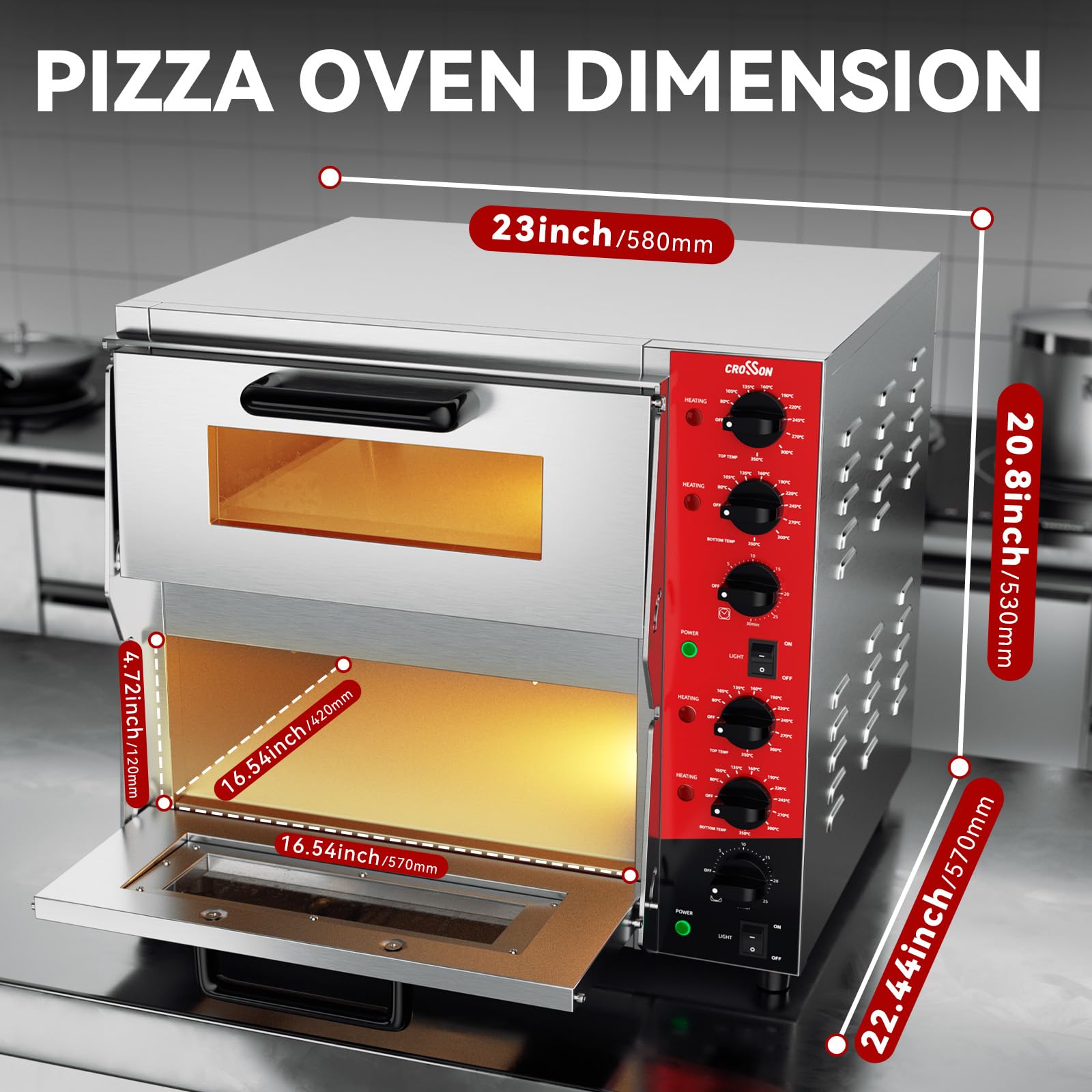 Four à pizza électrique professionnel CROSSON avec surface de cuisson 400x400 mm en pierre d’argile réfractaire pour pizza et pain, température supérieure et inférieure indépendante jusqu’à 350°C