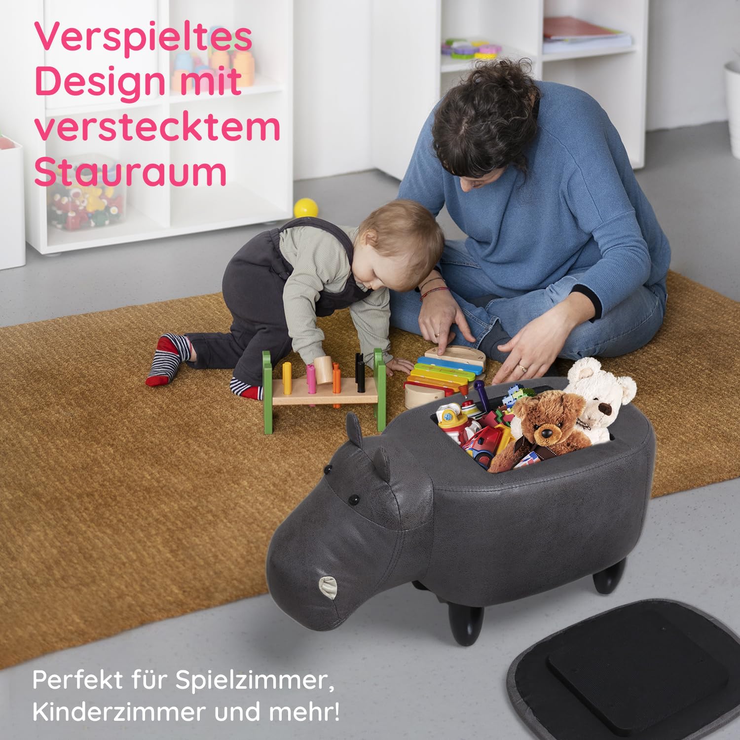 Suleno Nilpferd Tierhocker mit Stauraum, Niedlicher Organizer &, 36 cm | Sitzbox für Kinder, weicher Bezug in Lederoptik, Holzbeine, dekorative Möbel für Kinderzimmer 66 x 36 x