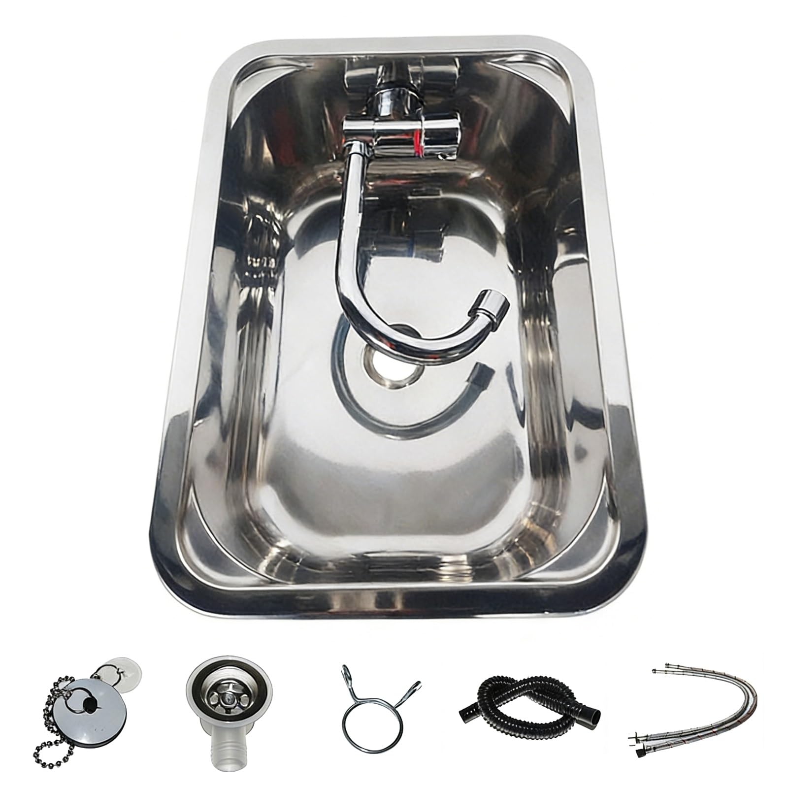 304 Stainless Steel RV Sink with Foldable Hot Cold Tap, 15"x11" Small Campervan Sink Single Bowl Caravan Yacht Boat Kitchen Undermount Basin