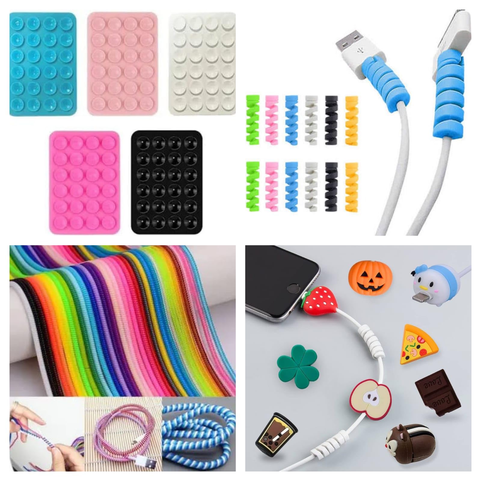 V2-Fashion Combo of 4 Spiral Cable Protector/Silicone Cute Lock/StickyPad/Spiral Wire for USB, Camera Cable/Smartphone/iPhone Charging Cables etc (Random Design) Multi-Colour Pack of 1 Combo-image-15