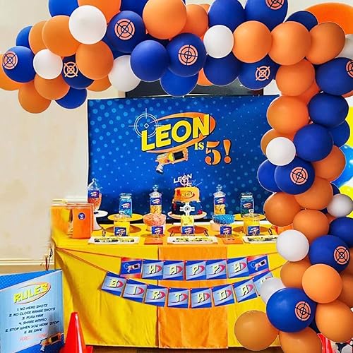 Miniatura 4 de Kit de guirnalda de globos para fiesta de la guerra de dardos, paquete de 113 globos azules, naranjas y negros, letrero para niños, baby shower,
