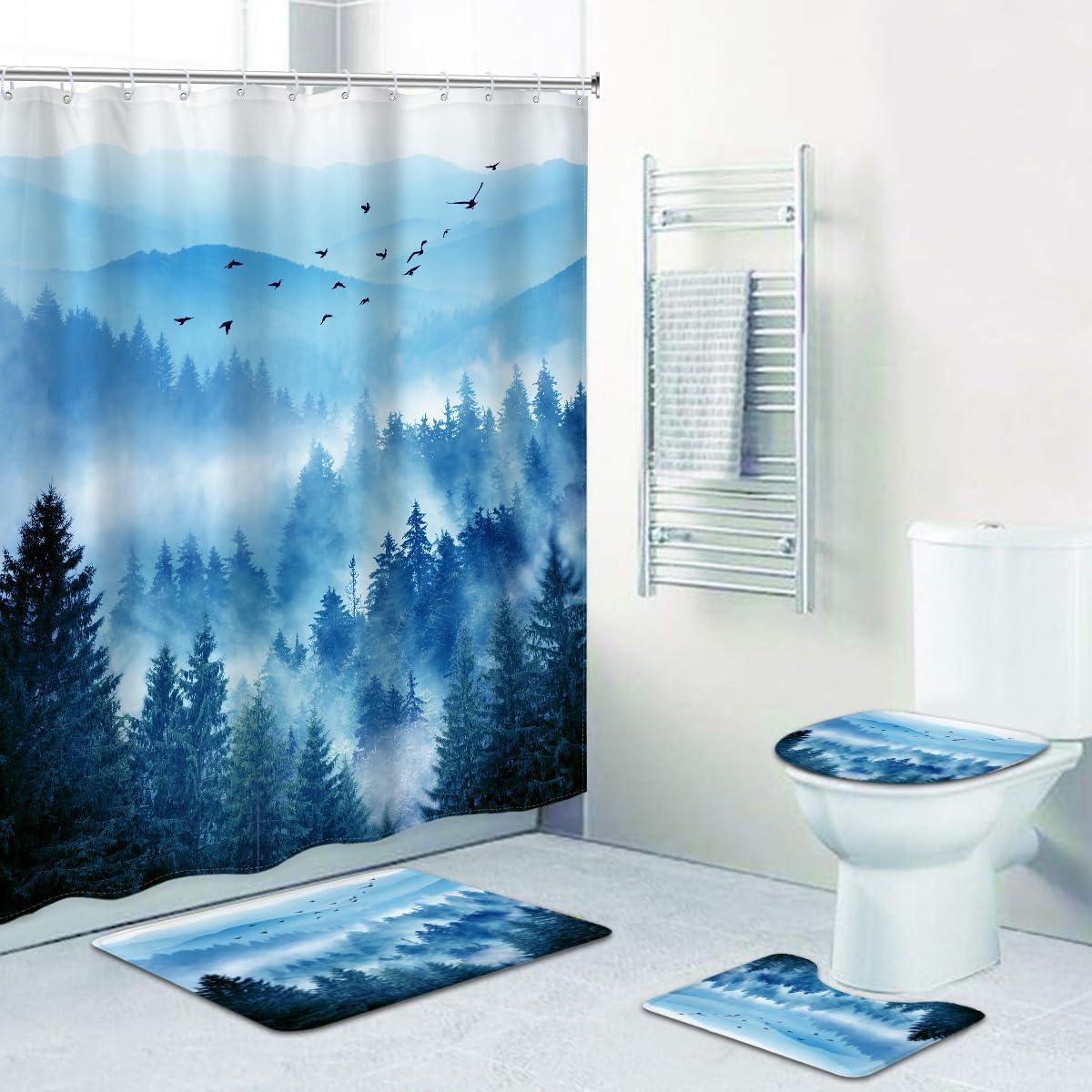 Riyidecor 4PCs Mountain Blue Shower Curtain Bathroom Set with Non-Slip Rugs,Toilet Lid Cover and Bath Mat Foggy Woodland Rustic Scenery Waterproof 12 Pack Hooks 72x72 inch Nature Shower Curtain Decor