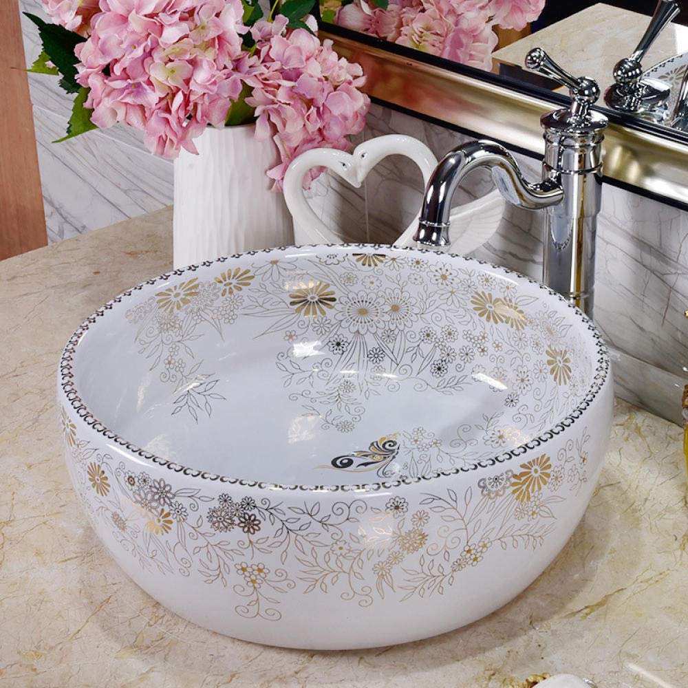 Gljtuo White Bathroom Sink, Countertop Basin Art Handmade Ceramic Wash Basin Round Countertop Ceramic Wash Basin Art Basin