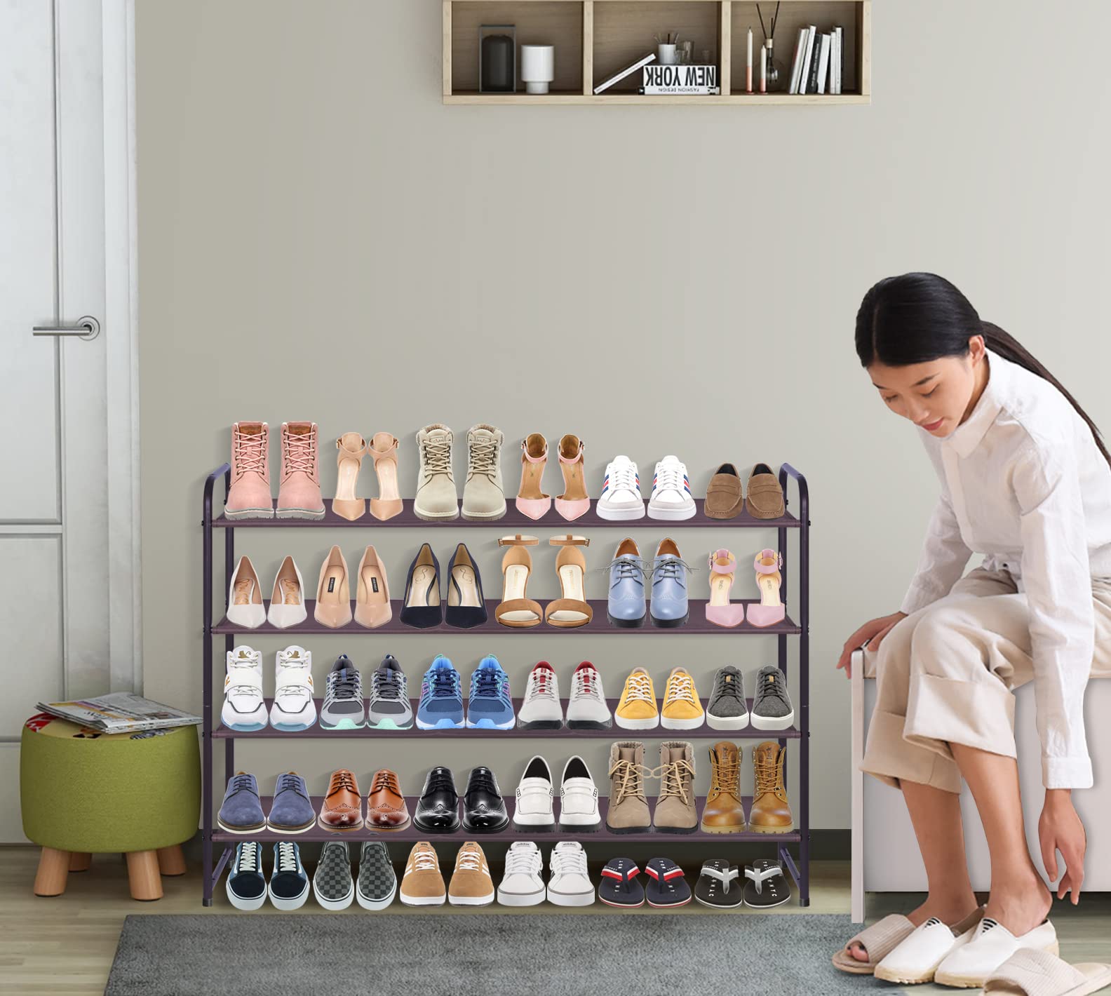 KIMBORA 4 Tier Long Shoe Rack for Closet, Wide Shoe Storage Organizer Stackable Shoe Shelf for Floor, Bedroom 30-Pairs (Bronze)