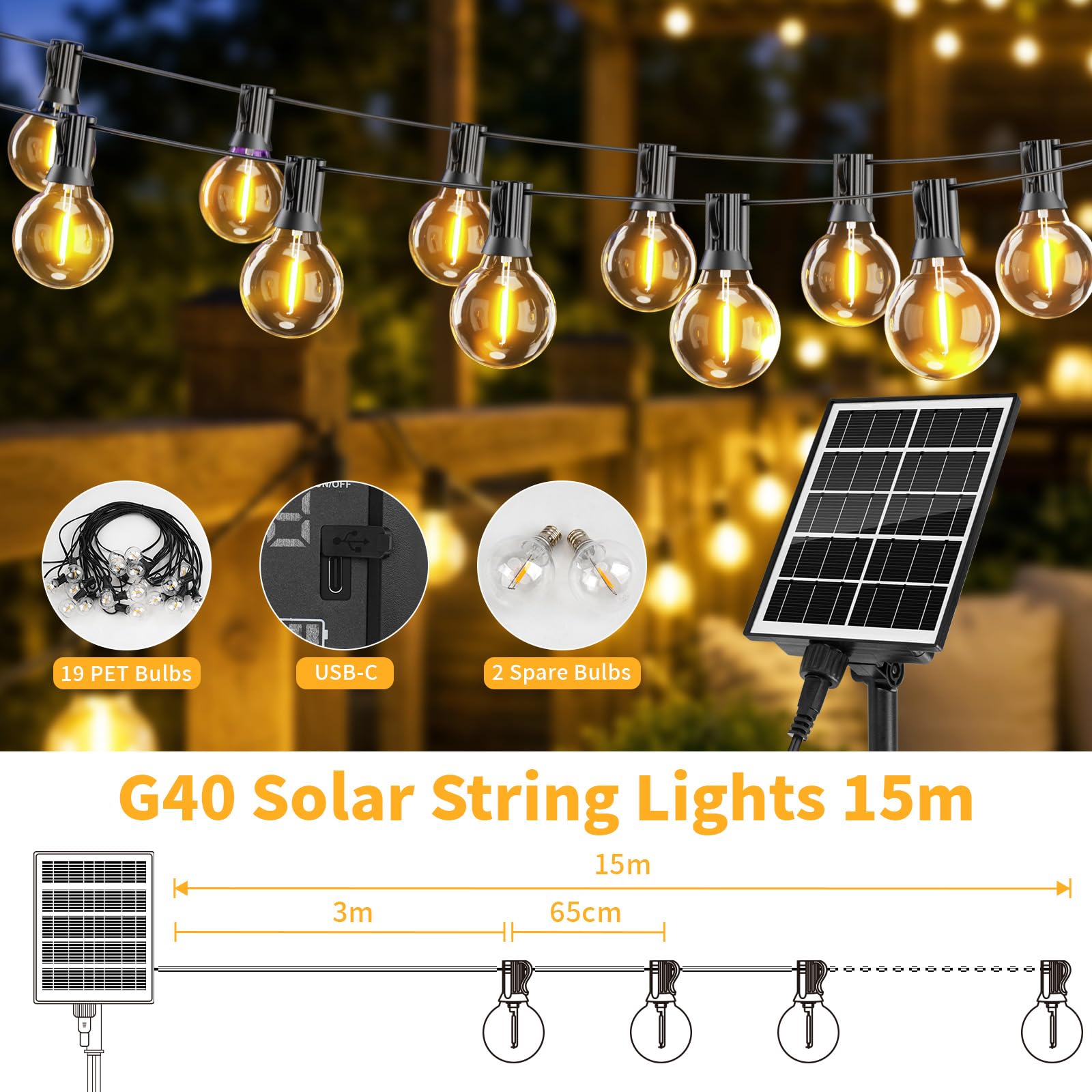 Hoteril Catena Luminosa Esterno Solare 15M Luci Da Esterno Giardino G40 | 19+2 Lampadine Luci Solari Da Giardino IP65 Impermeabili Luci Da Esterno 8 Modalità & Timer Per Balcone Gazebo Patii e Feste