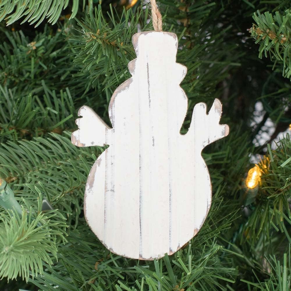 Pack of 6 White Washed Wooden Christmas Snowman Holiday Ornaments - Whitewashed Rustic Orament with Jute Hanger (Size: 4-1/4"H x 3" W)