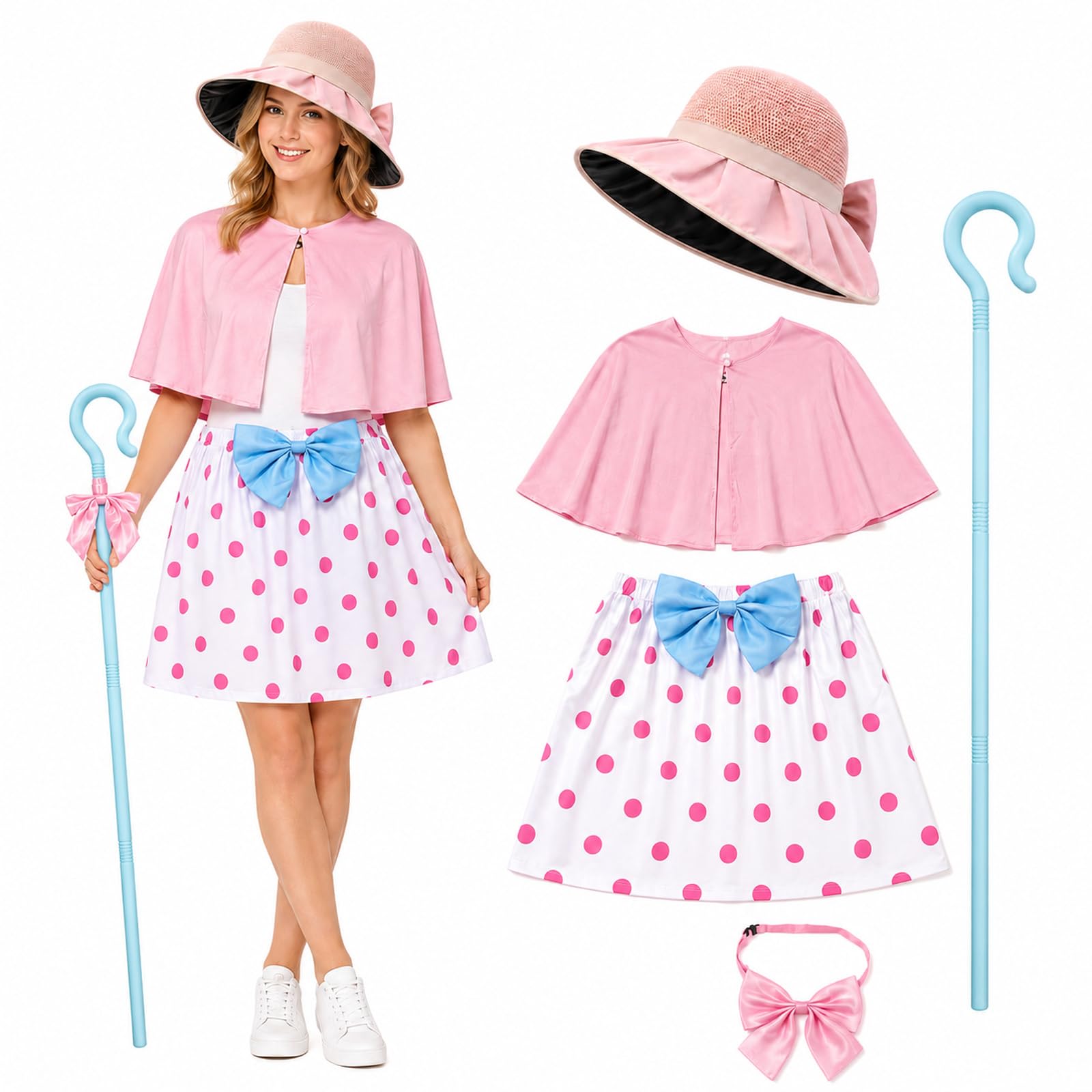 Boyigog Halloween Shepherdess Costume Set Woman 5 Pcs Pink Polka Dot Skirt Shawl Bow Shepherdess Staff Hat Shepherds Dress up Costume for Women Halloween Christmas Carnival Cosplay Party