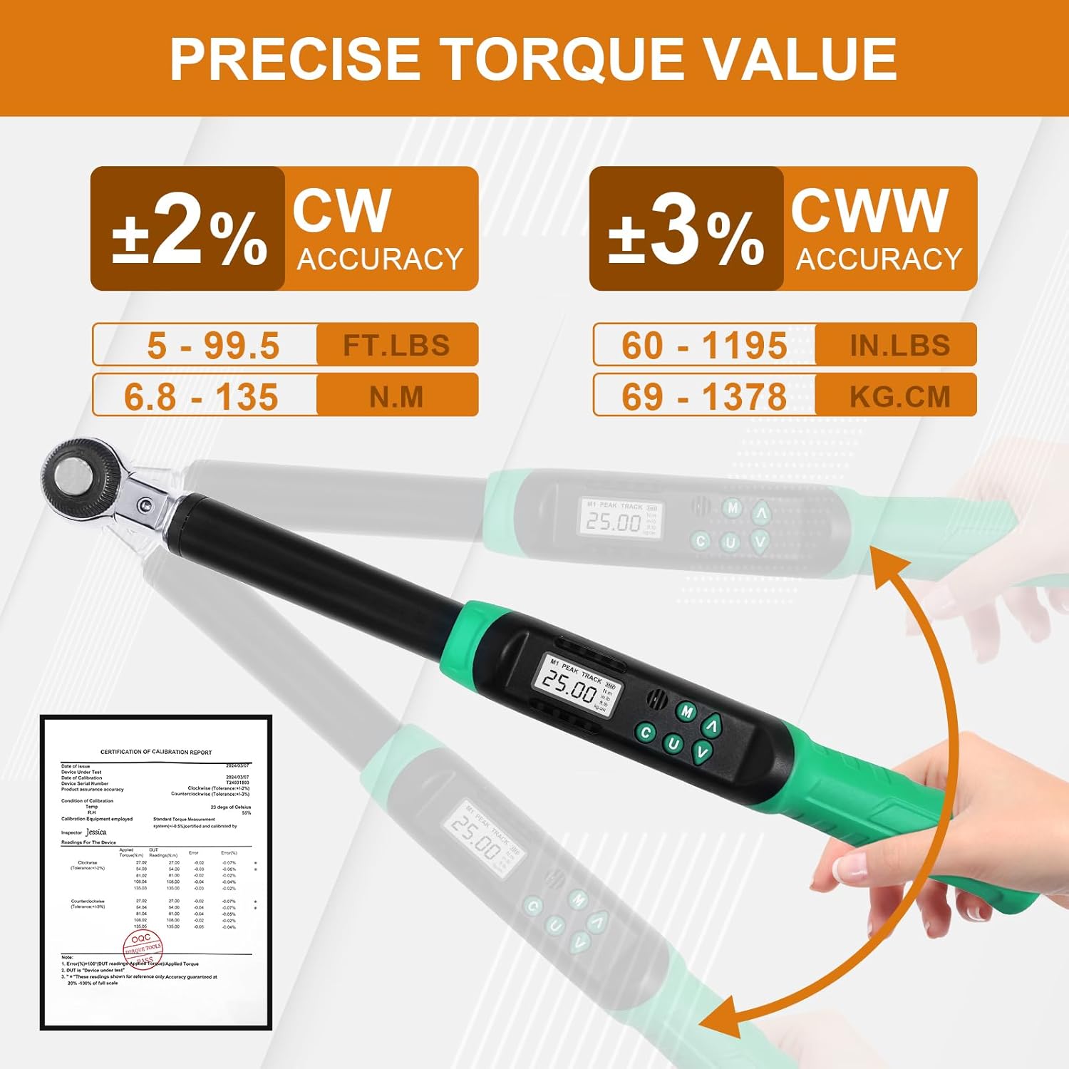 Marsram Digital Torque Wrench, 3/8" Drive 5-99.6ft.lbs/6.8-135N.m Electronic Torque Wrench, Interchangeable Ratchet Head With Buzzer And LED, Suitable For HVAC Car Bike Moto Pipeline, Calibrated