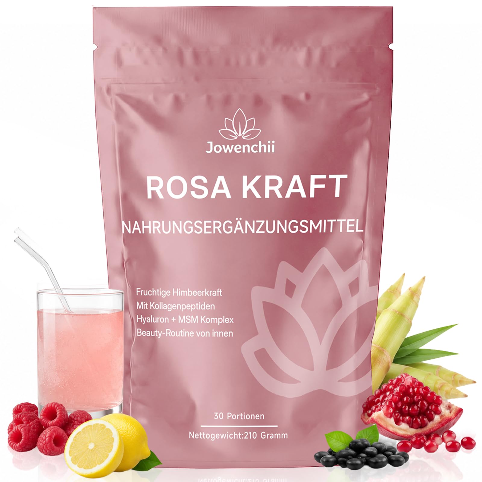 Rosa Superfood Pulver Helfer 210 g – Rosa Kollagenpulver Glanz mit Grüne Pflanzenpulvern, Hyaluron & Vitaminen, 30 Portionen – für normale Kollagenbildung, Haut und Haare