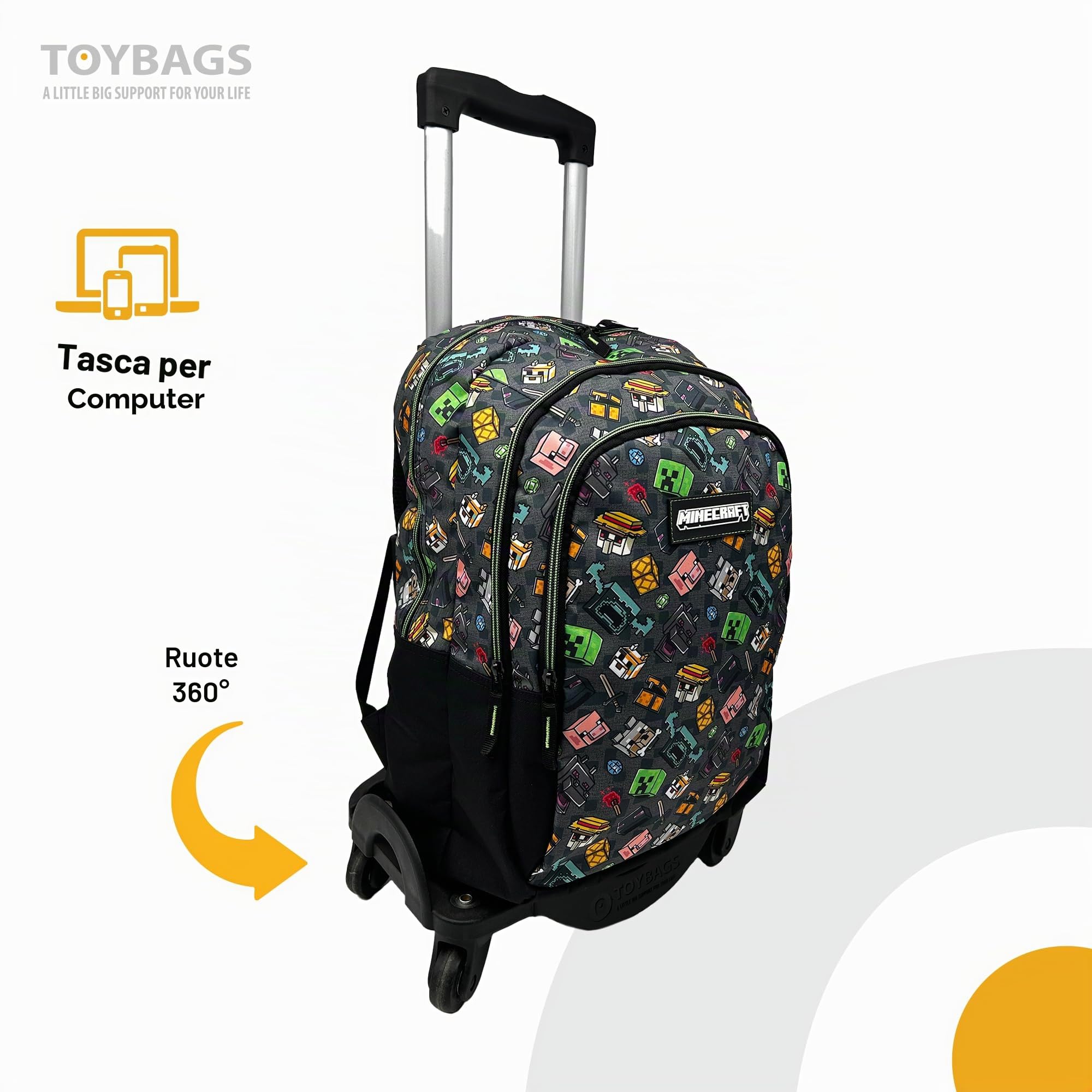 Minecraft Zaino scuola Pixel 25 doppio scomparto adattabile + carrello nero TOYBAGS con protezione laterale e inserto frontale anti caduta 4 ruote girevoli - 44 x 30 x 20 cm, multicolore, M, Casual