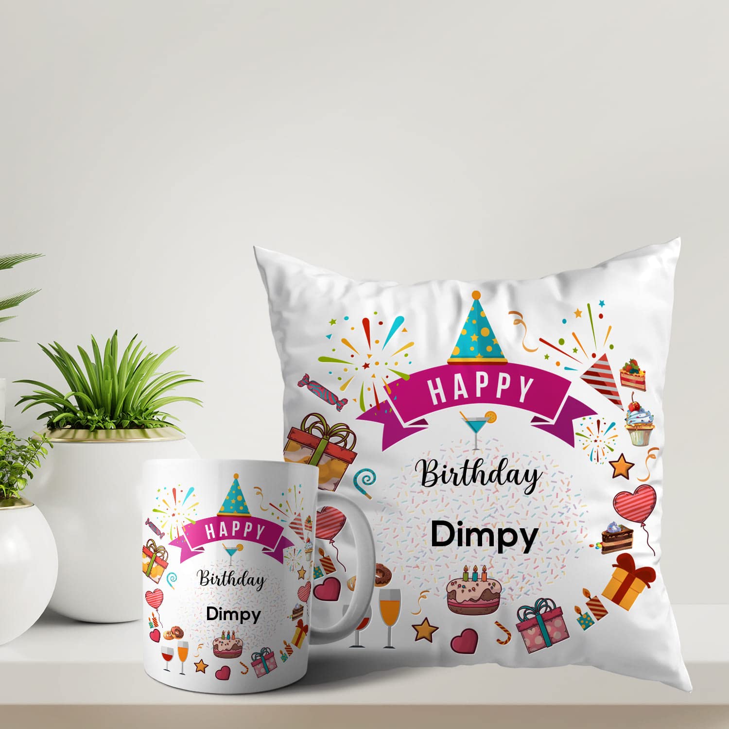 ASHVAH Happy Birthday Dimpy Coffee Mug and Cushion Combo Gift (Pack of 2) Daughter, Sister, Girlfriend, Wife, Name - Dimpy