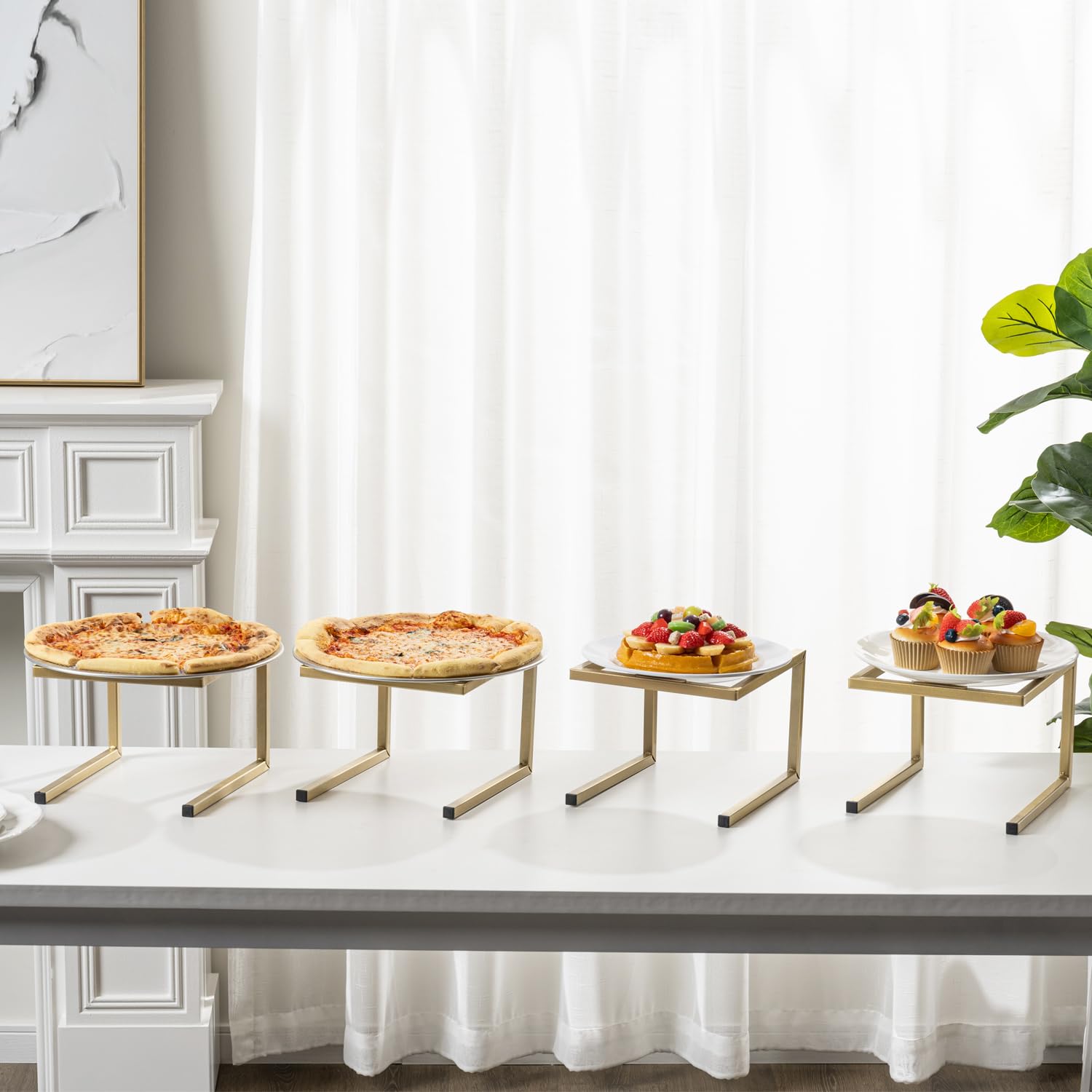 MyGift Brass Pizza Table Stands - Set Of 4 Metal Pizza Pan Risers, Food Display Racks For Serving