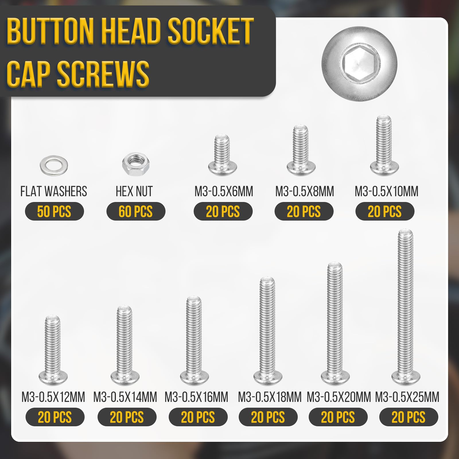 DTGN 290Pcs M3-0.5x6/8/10/12/14/16/18/20/25mm Button Head Socket Cap Screws - Image 2