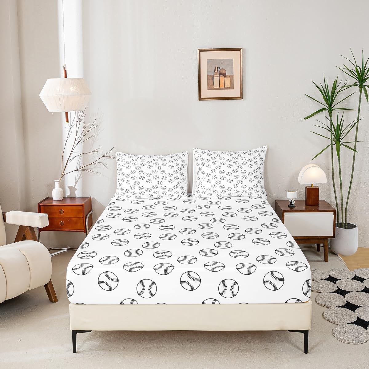 Manfei Baseball Kids Sheet Twin Size,Ball Sports Games Competition Bedding Set,Girls Boys Adults Room Decor,Simple Style Fashion Black White Chic Bed Sheet Set 3pcs(Fitted + Flat + 1 Pillowcase)