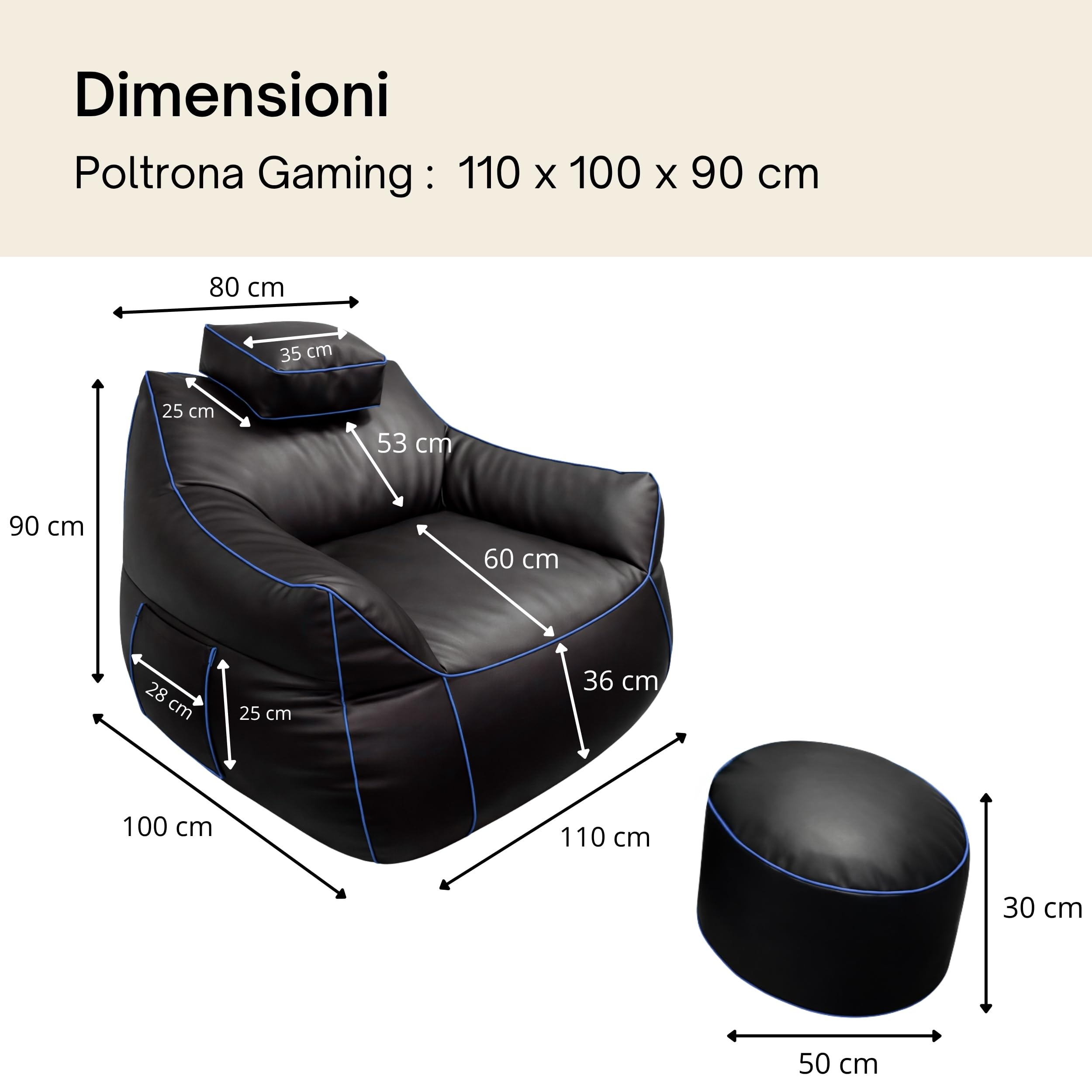 bananair - Set Pouf Poltrona Gaming XXL + Pouf rotondo - Comfort per relax e gaming - Poggiatesta regolabile, 2 tasche - Per divano, soggiorno e postazione gaming (110×100×90 cm, Blu)