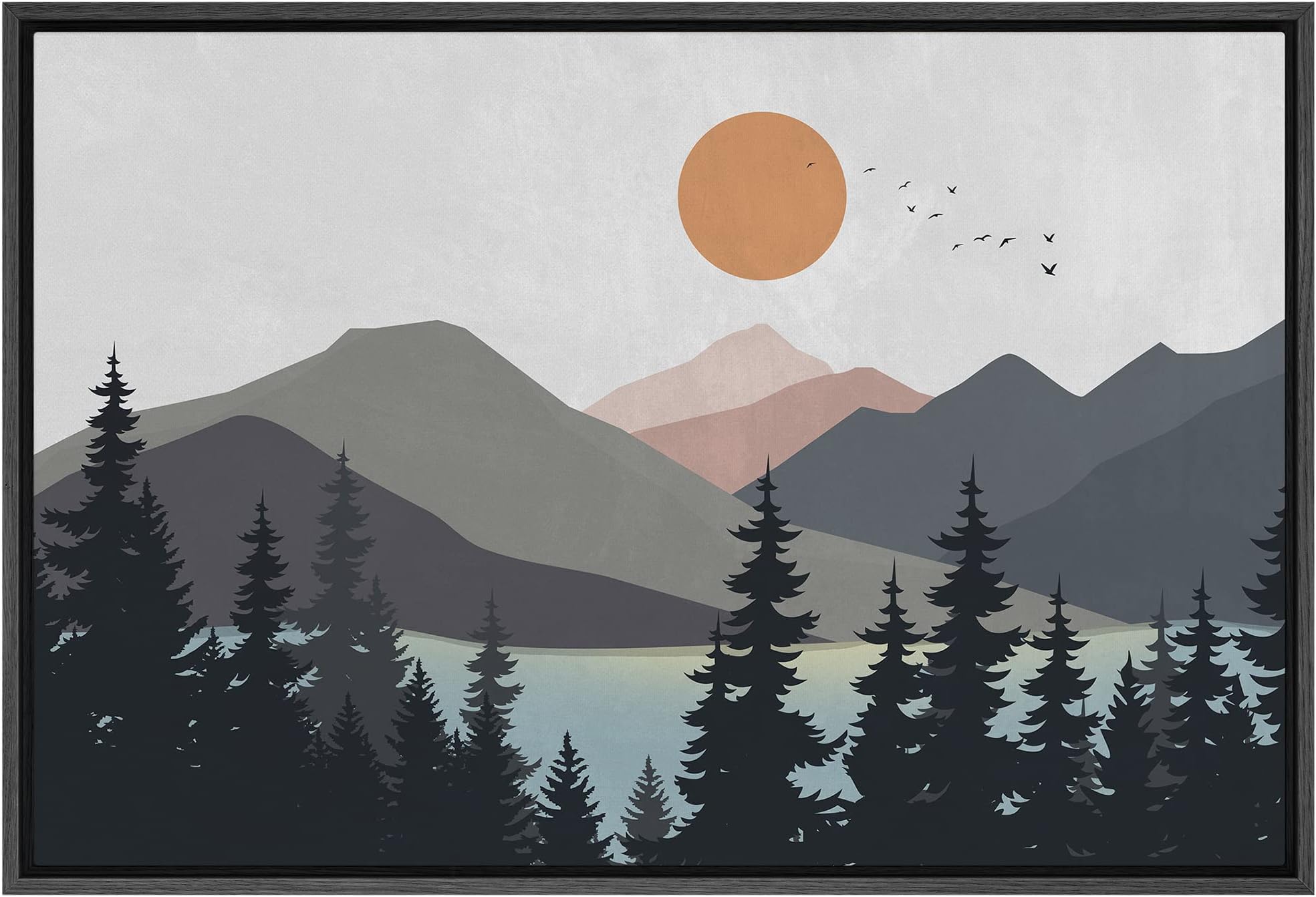 SIGNFORD Framed Canvas Print Wall Art Woodland Nursery Decor Pastel Mountain Pine Tree Lake Nature Wilderness Modern Art Decorative Boho Relax/Zen for Living Room, Bedroom, Office - 24"x36" Black