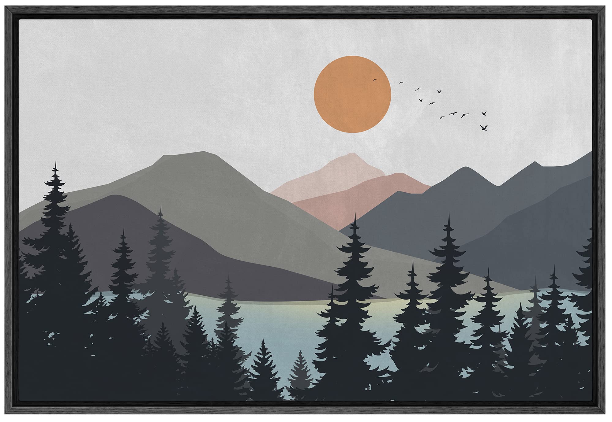 SIGNFORD Framed Canvas Print Wall Art Woodland Nursery Decor Pastel Mountain Pine Tree Lake Nature Wilderness Modern Art Decorative Boho Relax/Zen for Living Room, Bedroom, Office - 24"x36" Black