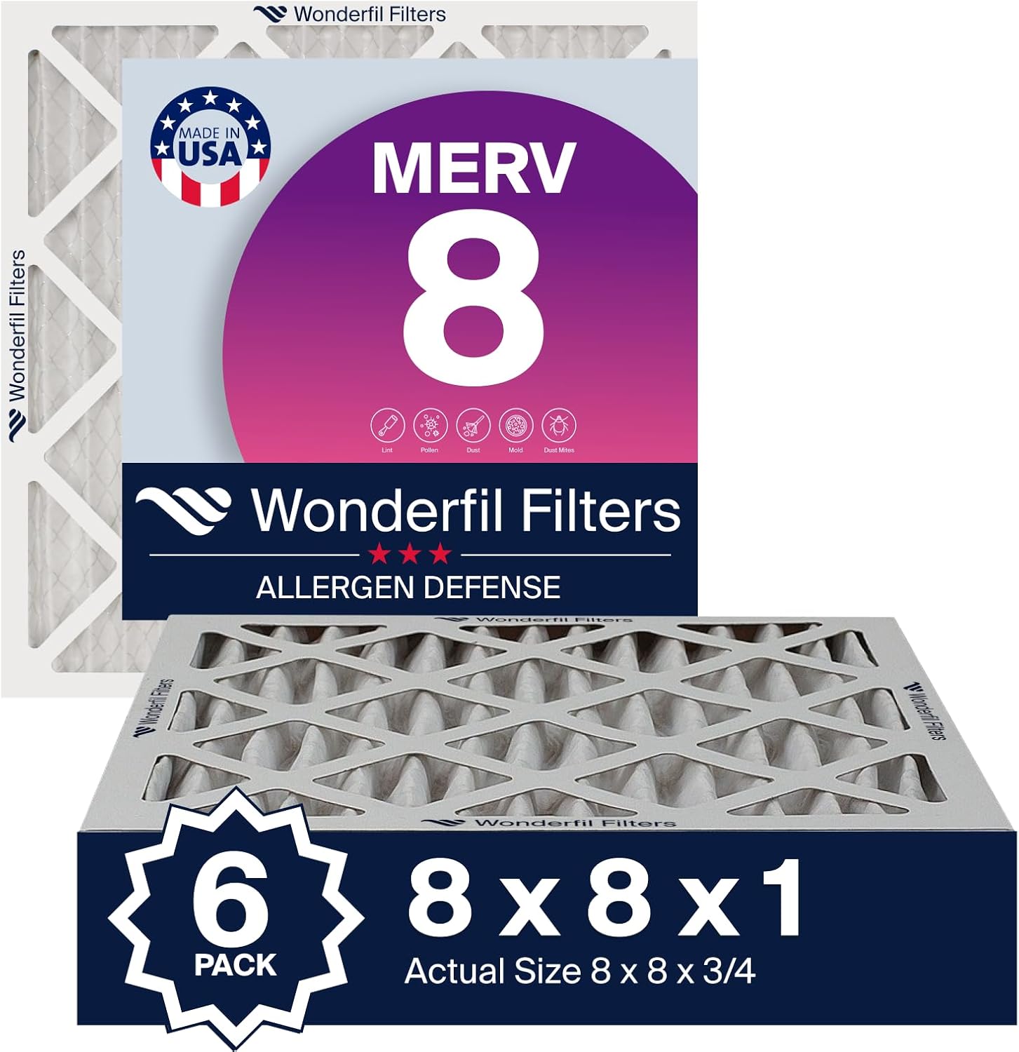 8x8x1 MERV 8 (6 Pack) | Wonderfil Filters | Pleated HVAC Design | Perfect Fit for AC & Furnace Systems | Actual Size: 8" x 8" x 0.75"