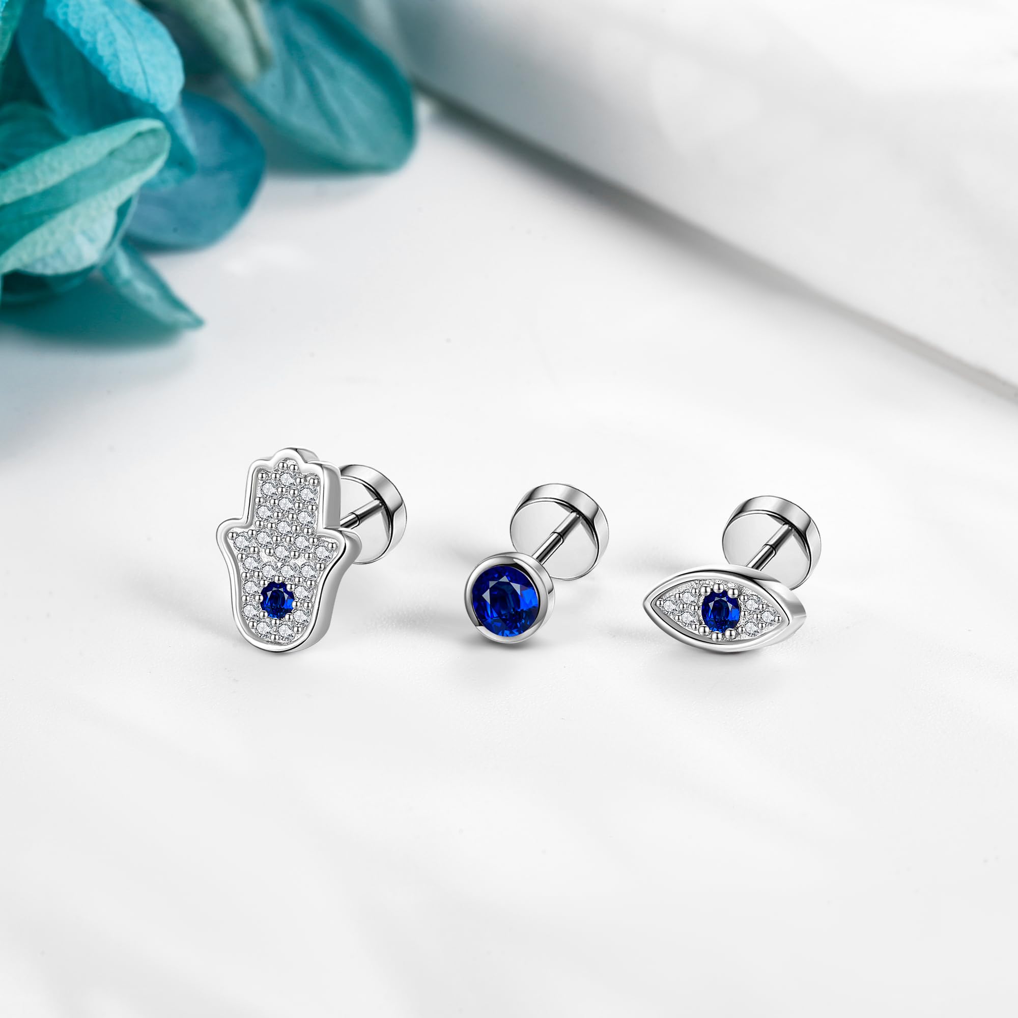 Pendientes de mal de ojo Plata 925 Nazar Eye Studs Cierre plano Mano de Fátima Flatback Studs Evil Eye Jewelry