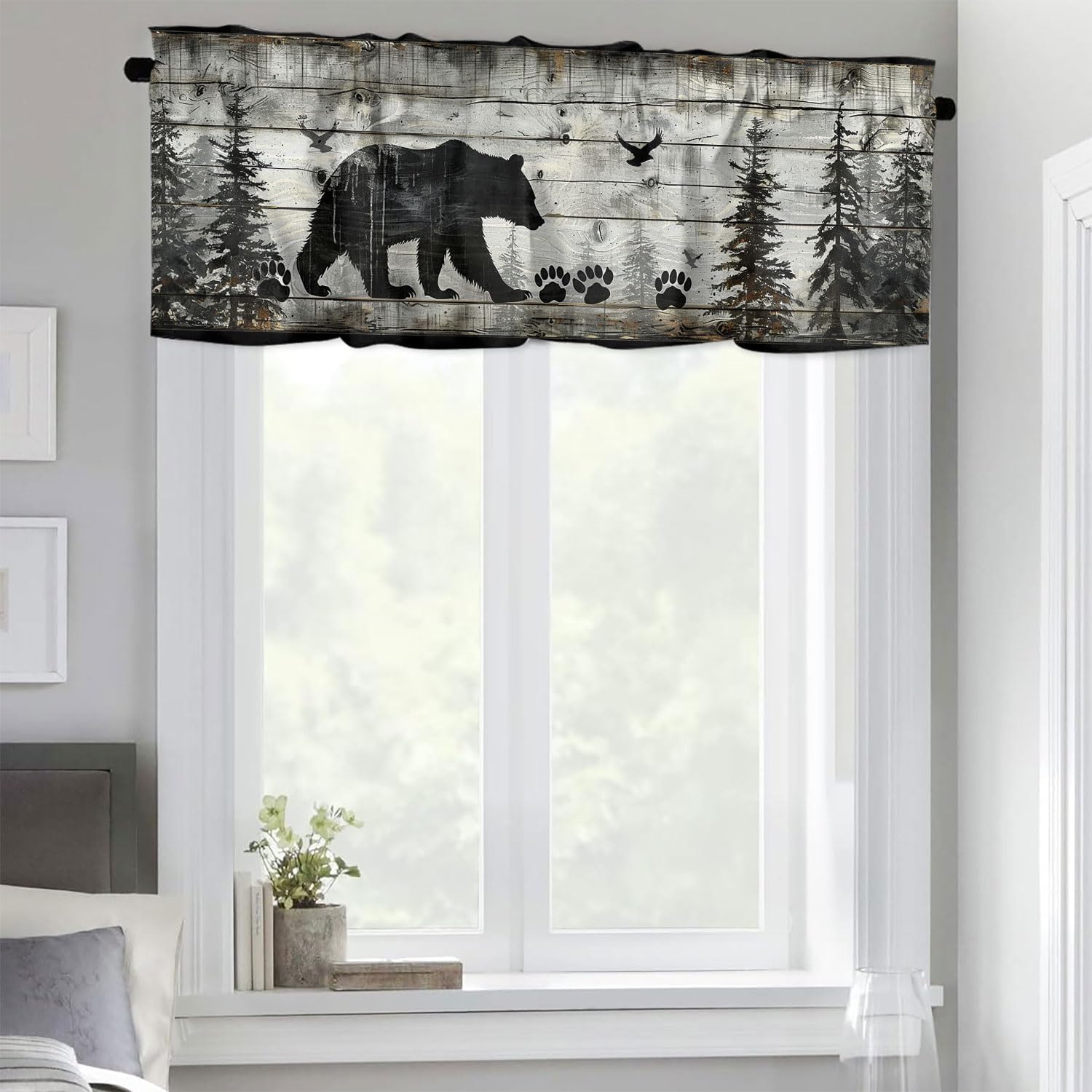 Rustic Cabin Bear Window Curtain Valances Wildlife Vintage Wooden Board Forest Tree Camping Country Thermal Insulated Rod Pocket Short Curtain Valance for Kitchen Dining Room 54 x 18 Inch, 2 Panel