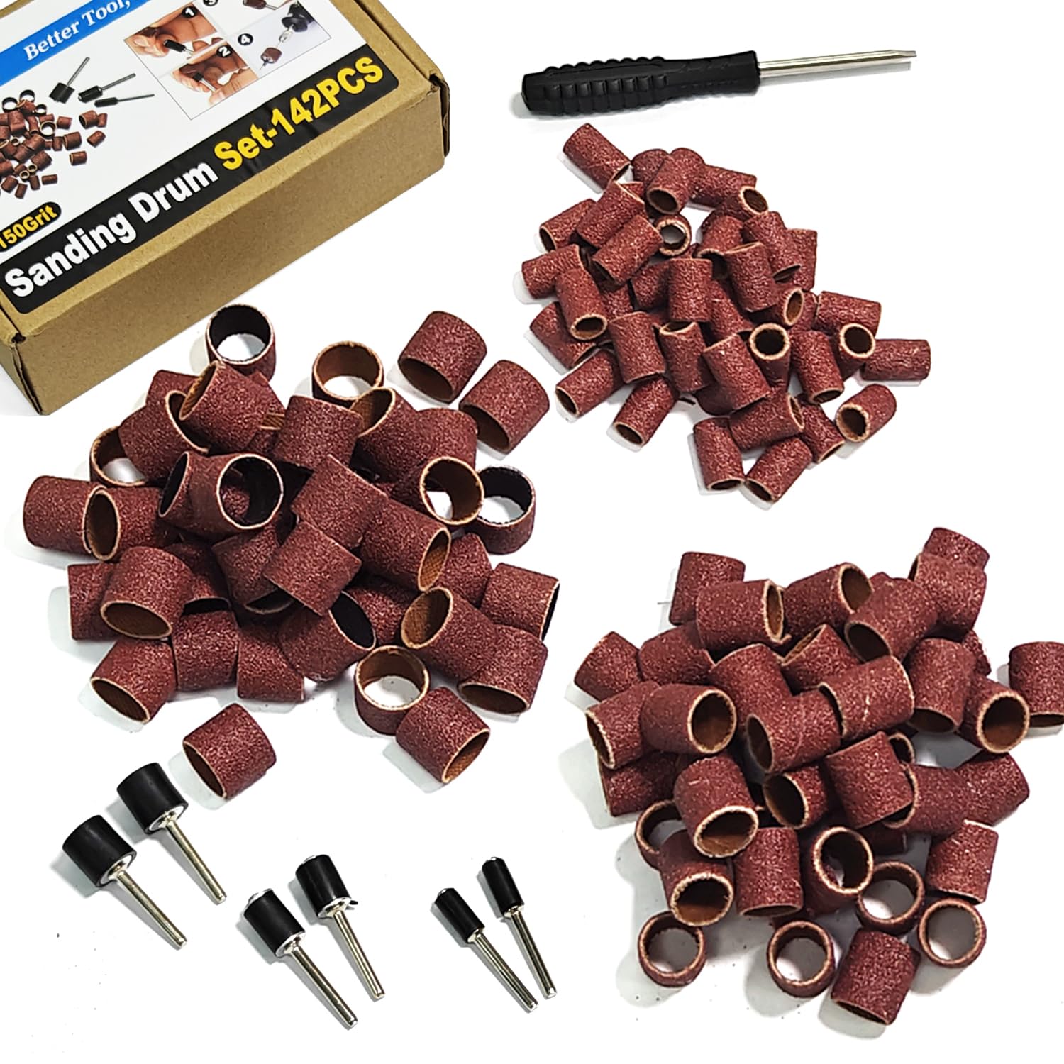 Asieg Tool Sanding Drum Kit 142Pcs 150Grit, 1/2" & 3/8" & 1/4" Diameter Drum Sanding Band with 3.17mm Shank Mandrels for Drill Dremel Rotary Tools