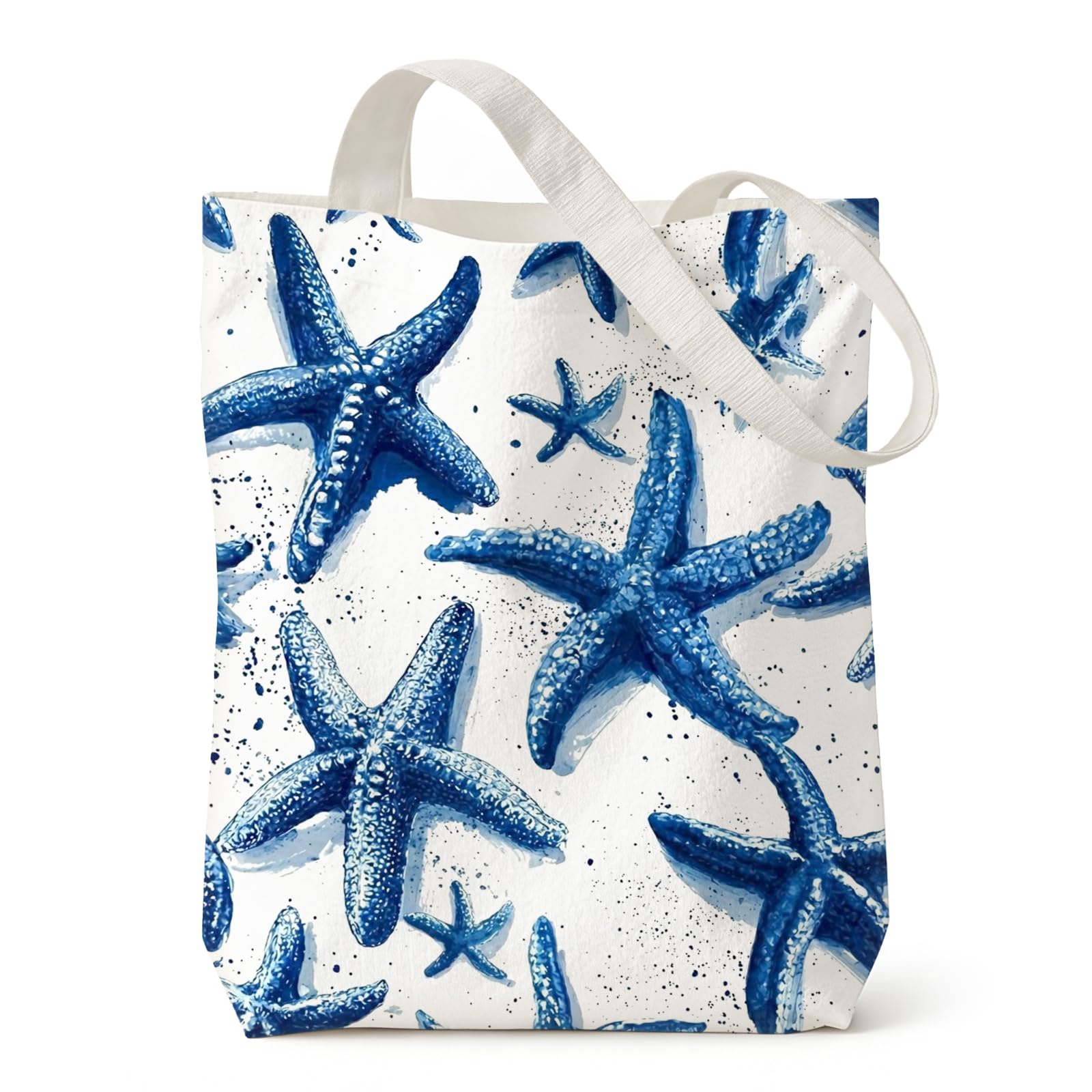 Orsefeliy Blue Starfish Canvas Tote Bag, Summer Coastal Shoulder Bag, Reusable Shopping Bags Foldable, Cute Tote Bags for School, Travel, Work and Beach