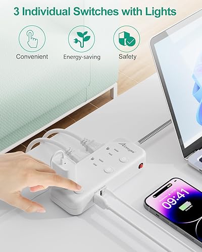 Miniatura 4 de Regleta protectora de sobretensiones de 15 pies con interruptores individuales, 6 tomas, 3 USB (17 W USB C), cable trenzado de enchufe plano
