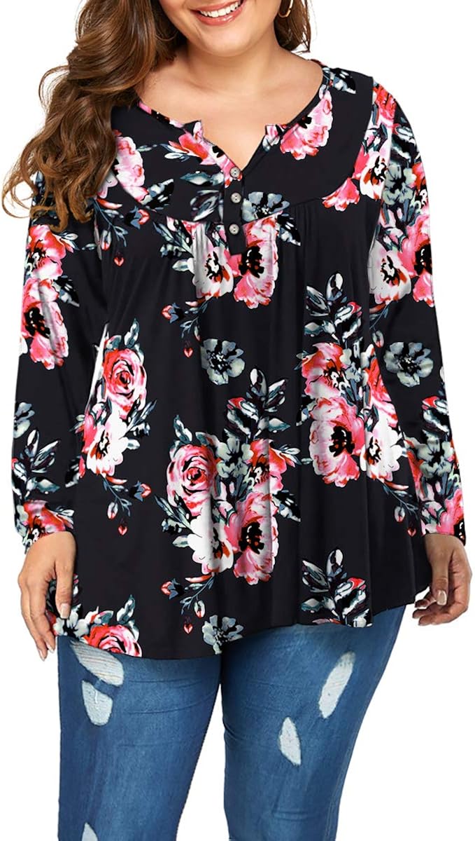 POSESHE Women's Plus Size Henley V Neck Button up Tunic Tops Casual Long Sleeve Blouse Shirts