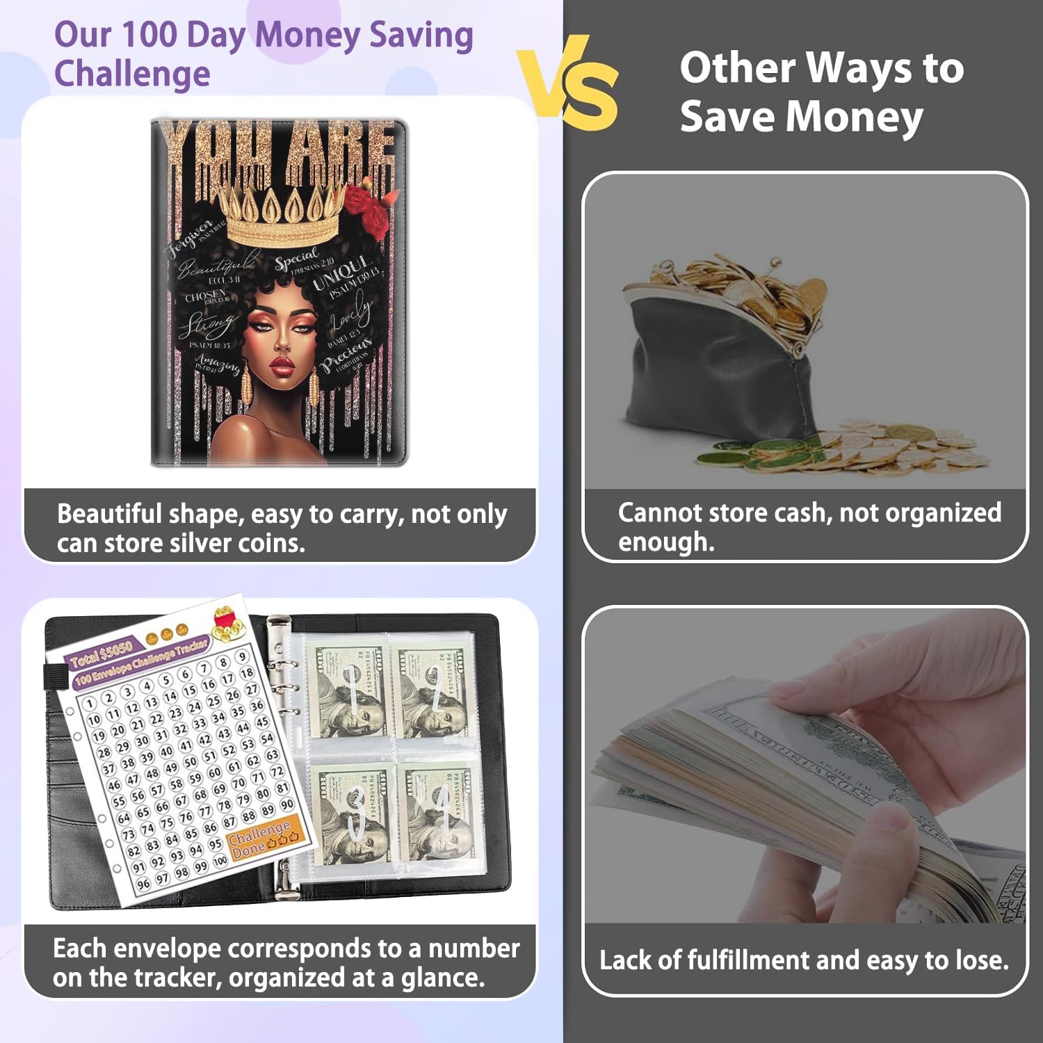 100 Envelopes Money Saving Challenge Binder, A5 Budget Binder with 25 pcs Cash Envelopes, 3 pcs Reusable Laminated Trackers Saving, Money Organizer，African American Afro Women Inspirational Quotes